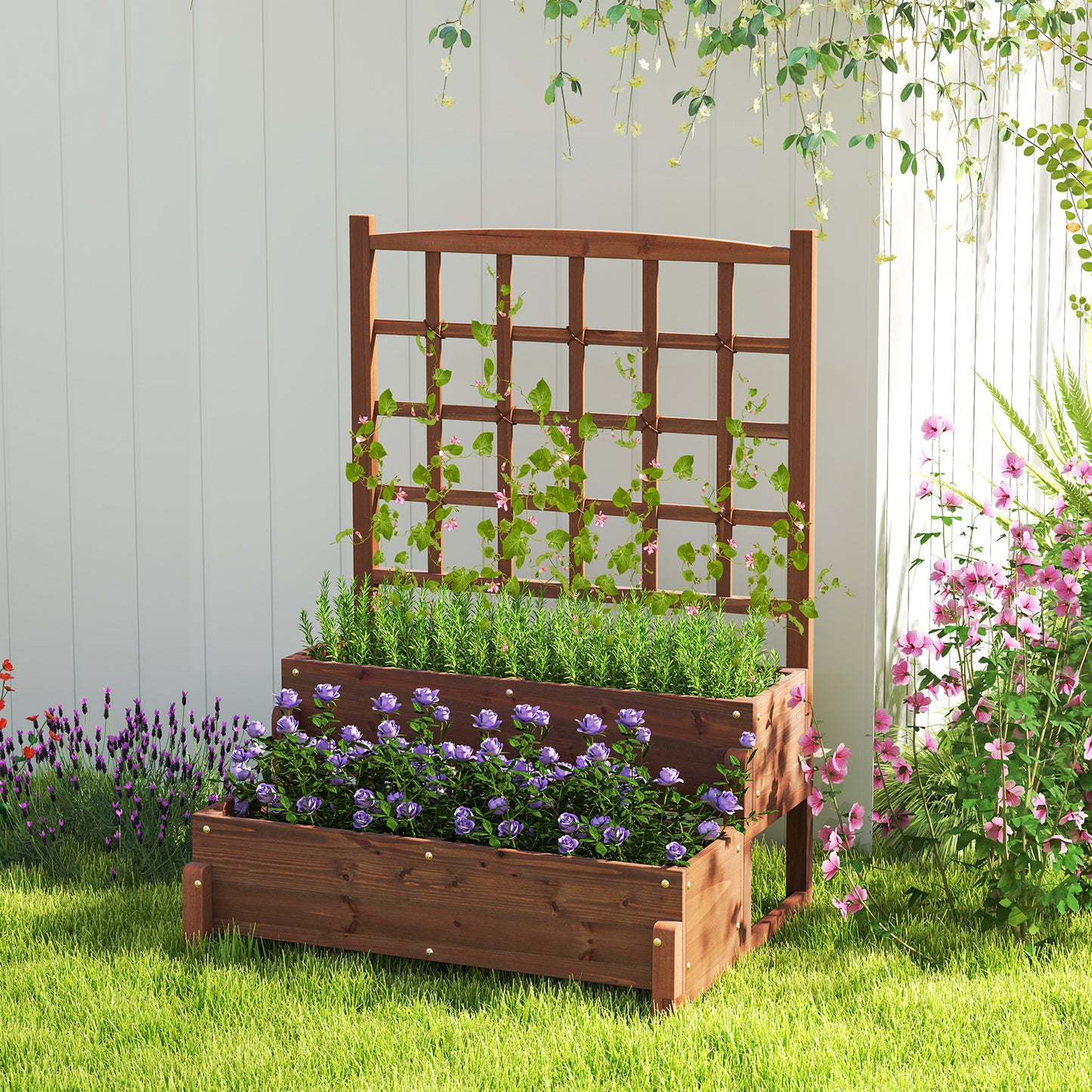 Raised Garden Bed with Trellis 2-tier Wood Planter Box with Drainage Holes, Rustic Brown Raised Garden Beds at Gallery Canada