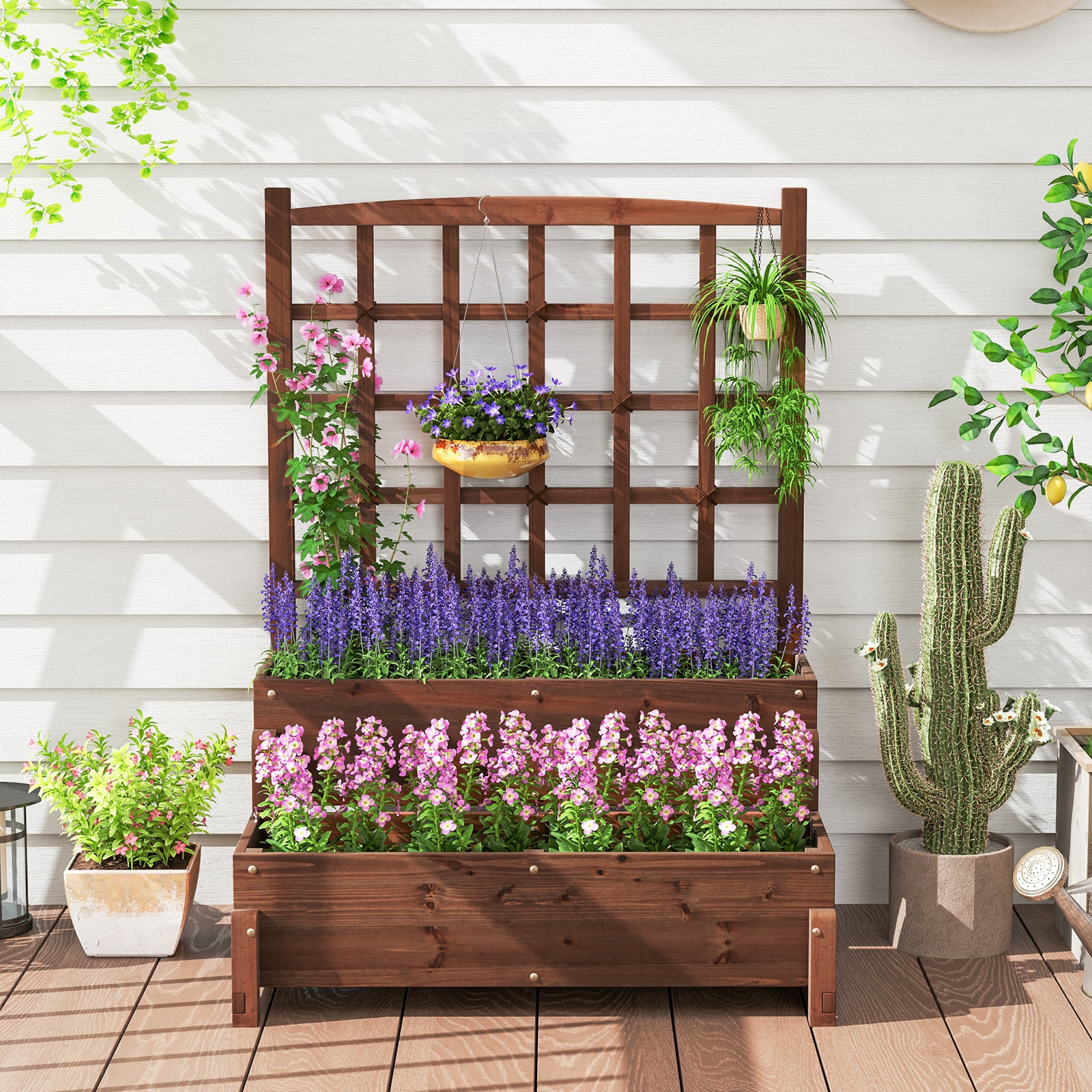 Raised Garden Bed with Trellis 2-tier Wood Planter Box with Drainage Holes, Rustic Brown Raised Garden Beds at Gallery Canada