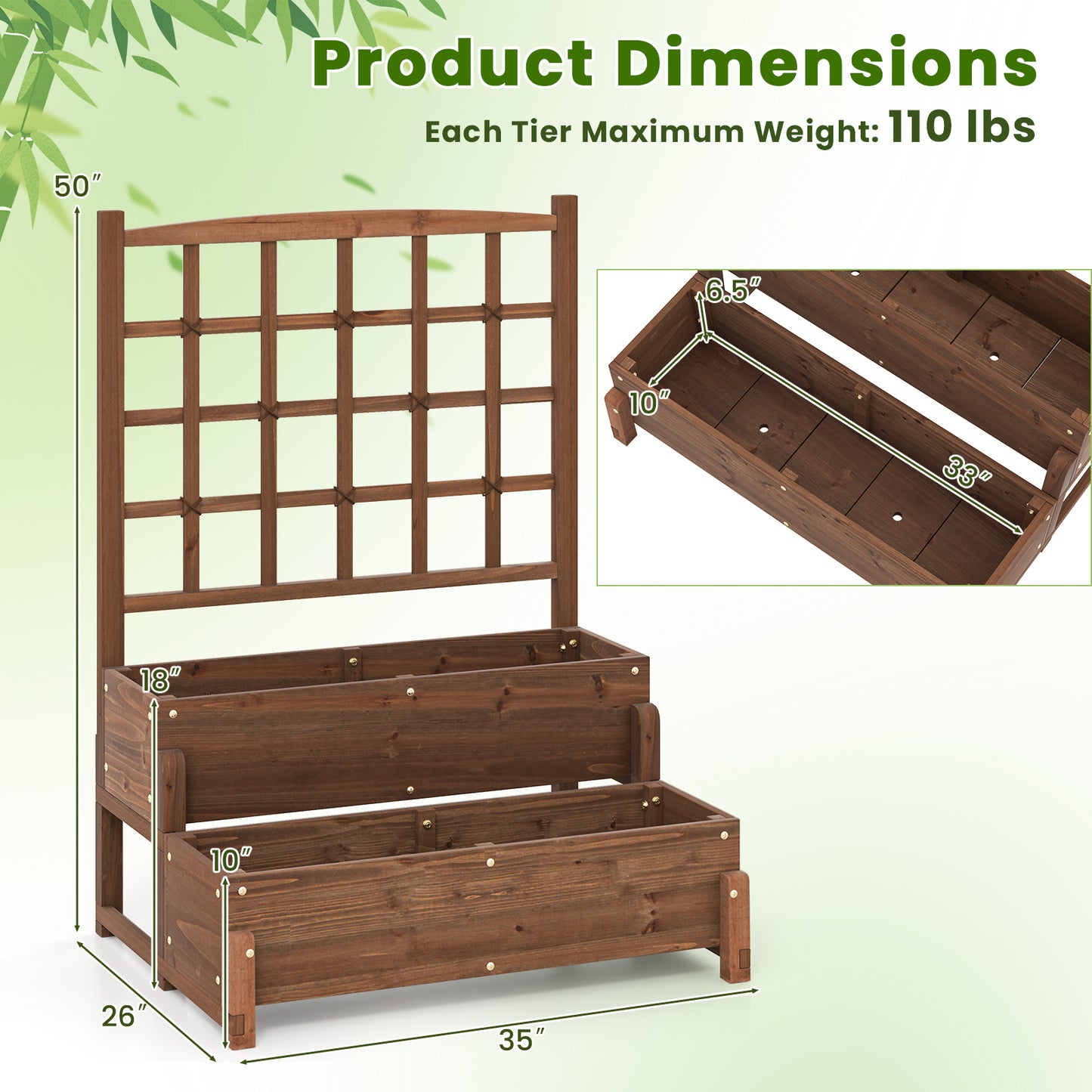 Raised Garden Bed with Trellis 2-tier Wood Planter Box with Drainage Holes, Rustic Brown Raised Garden Beds at Gallery Canada