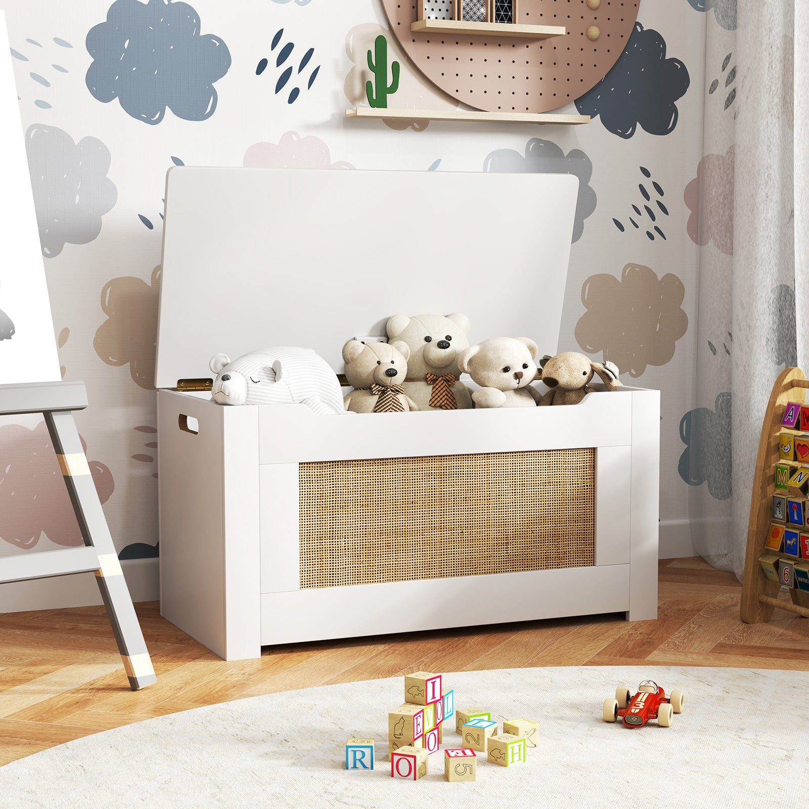 Kids Rattan Toy Storage Box with Flip Top Lid and Safety Hinge Handles, White Kids Storage at Gallery Canada