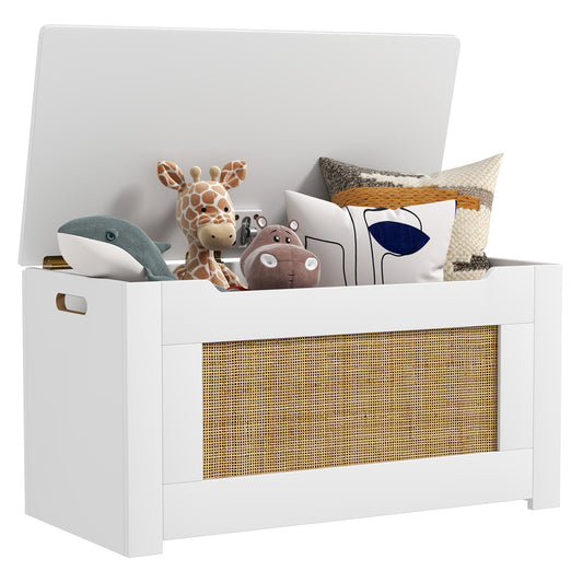 Kids Rattan Toy Storage Box, Flip Top Lid, White