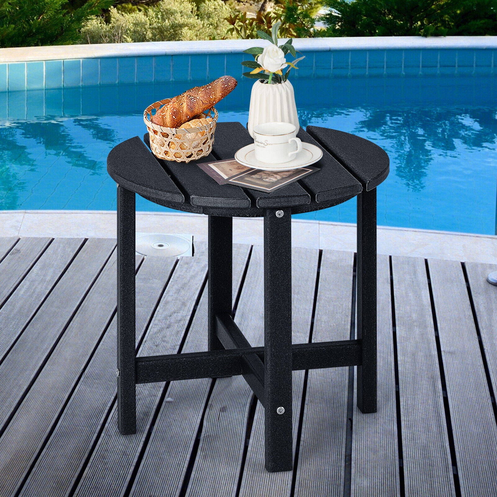 18 Inch Round Weather-Resistant Adirondack Side Table, Black Patio Coffee Tables at Gallery Canada