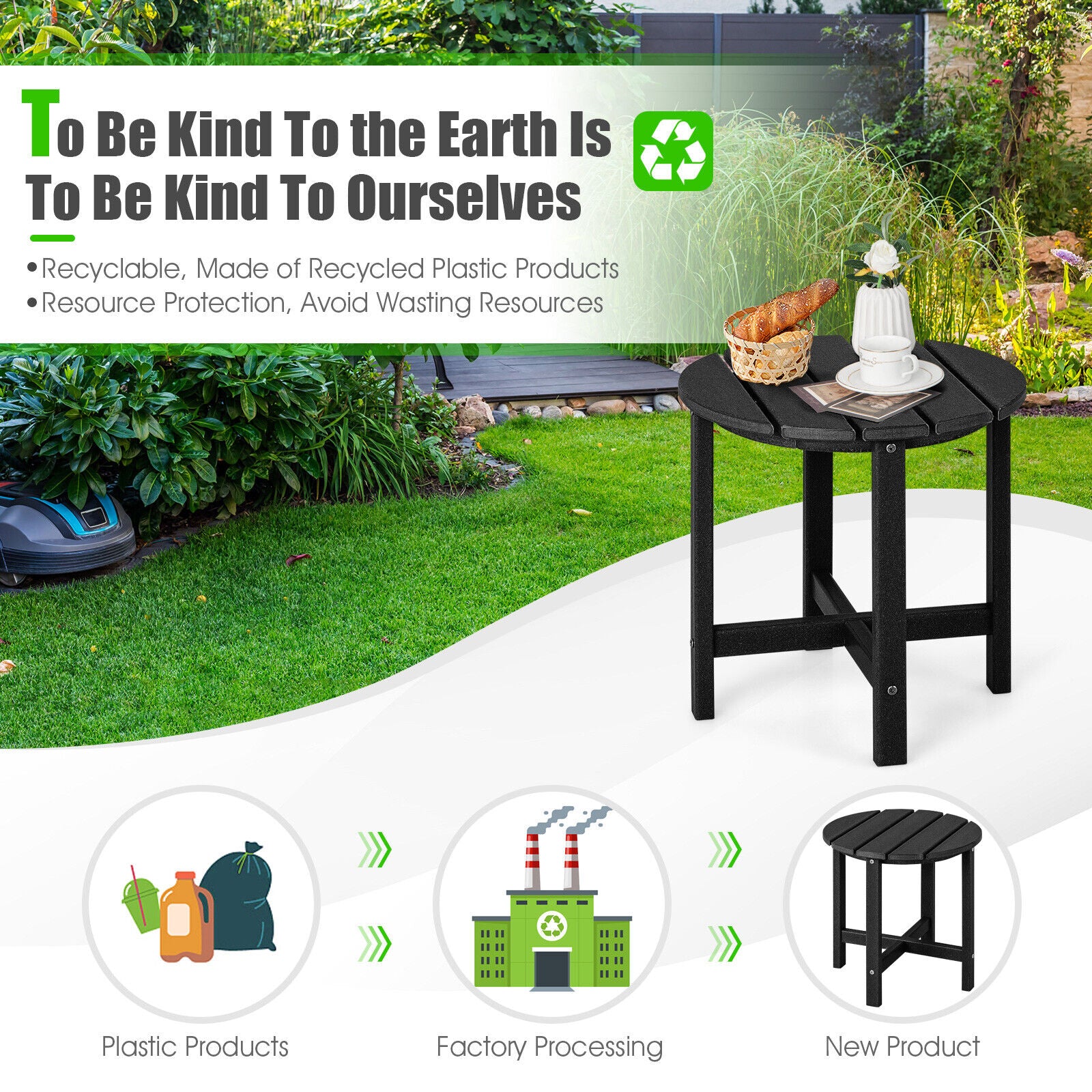 18 Inch Round Weather-Resistant Adirondack Side Table, Black Patio Coffee Tables at Gallery Canada