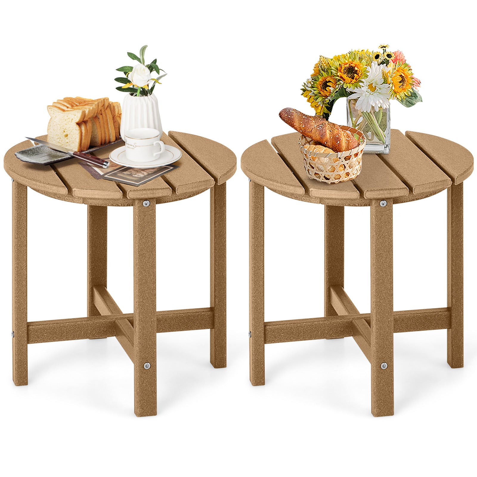 Set of 2 18 Inch Round Weather-Resistant Adirondack Side Tables, Brown Patio Coffee Tables at Gallery Canada
