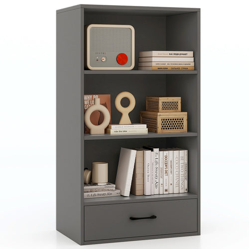 48 Inch Tall 4 Tier Wood Bookcase With Drawer, Gray