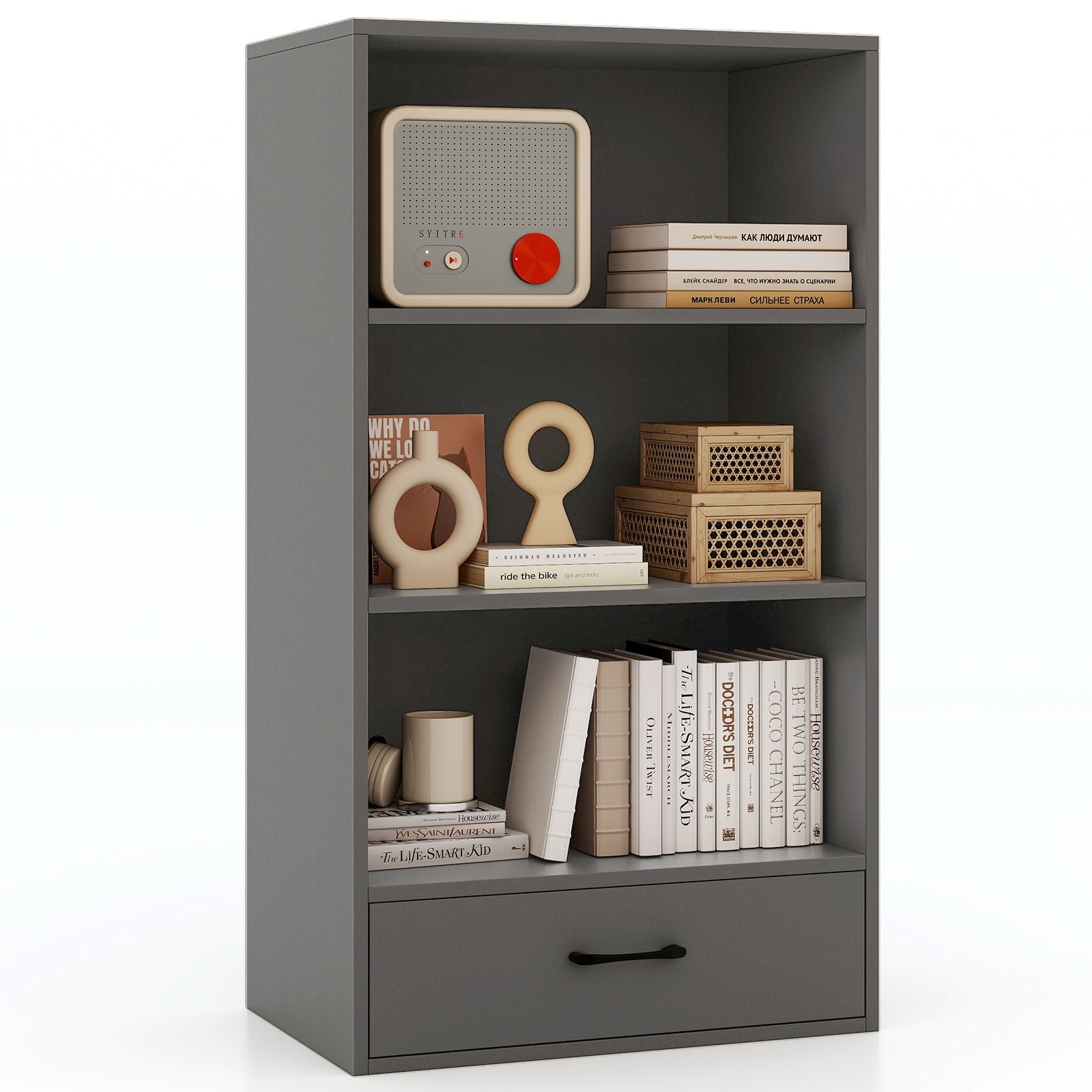 48 Inch Tall 4 Tiers Wood Bookcase with Drawer, Gray Bookcases Gray at Gallery Canada