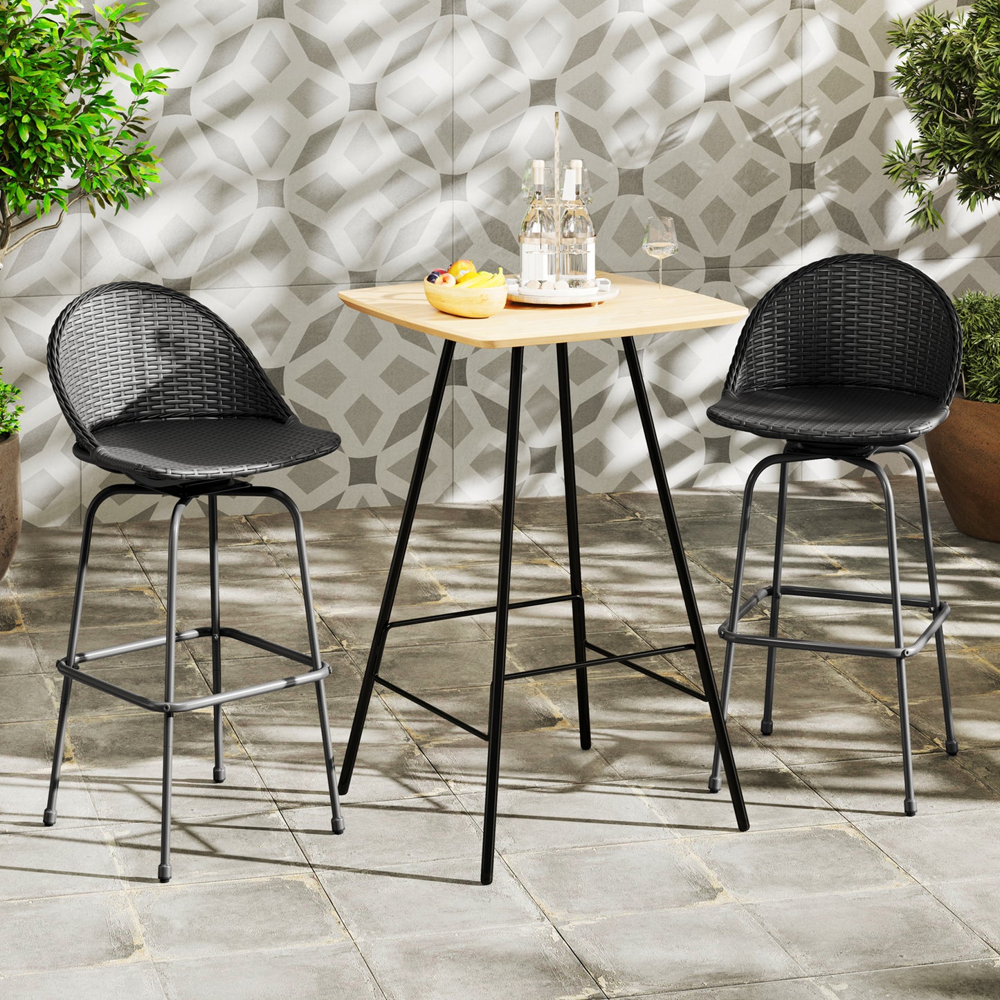 Set Of 2 Rattan Swivel Barstools, Curved Back, Black Outdoor Seating & Patio Chairs at Gallery Canada
