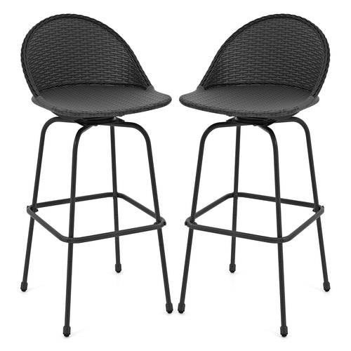 Set Of 2 Rattan Swivel Barstools, Curved Back, Black