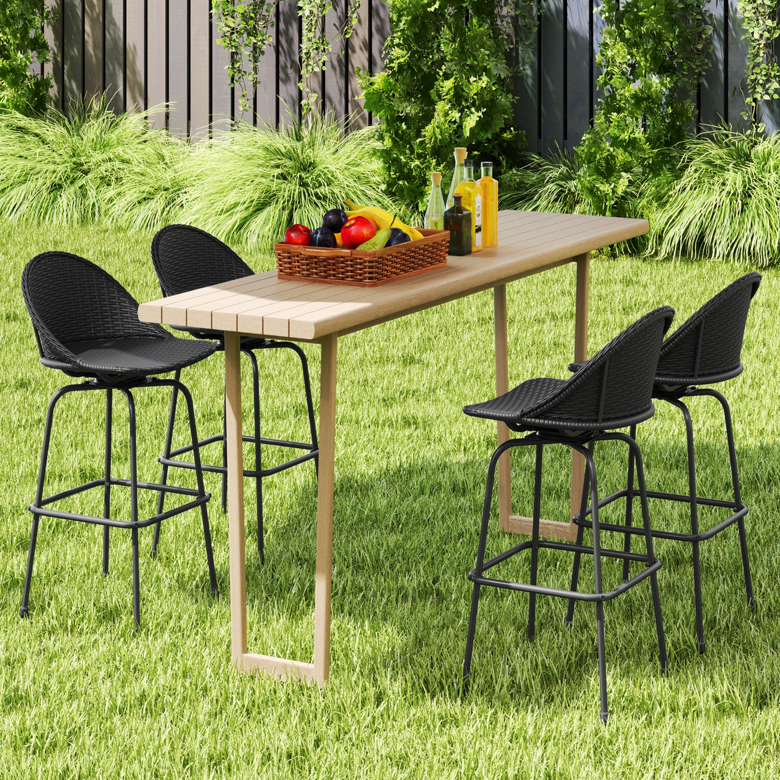 Set Of 2 Rattan Swivel Barstools, Curved Back, Black Outdoor Seating & Patio Chairs at Gallery Canada