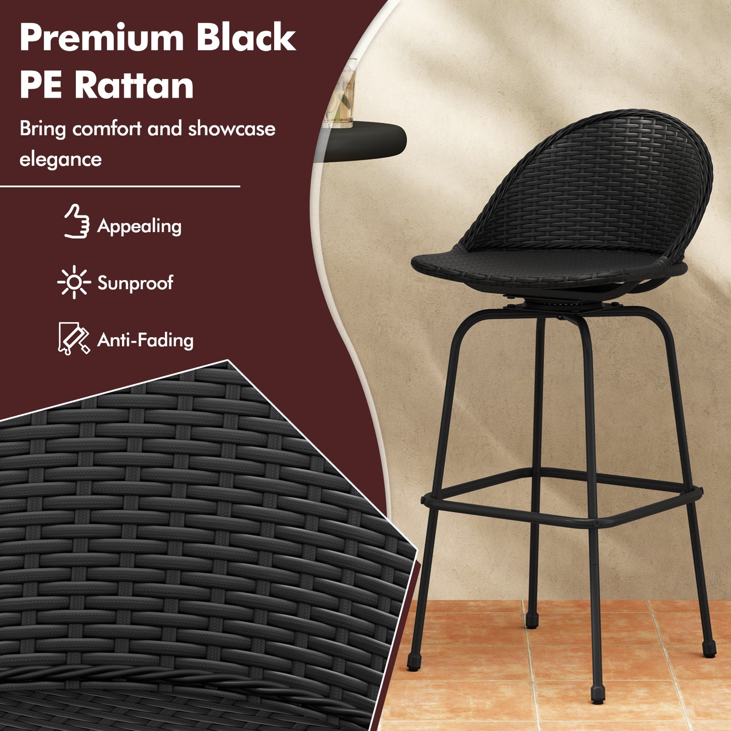 Set Of 2 Rattan Swivel Barstools, Curved Back, Black Outdoor Seating & Patio Chairs at Gallery Canada