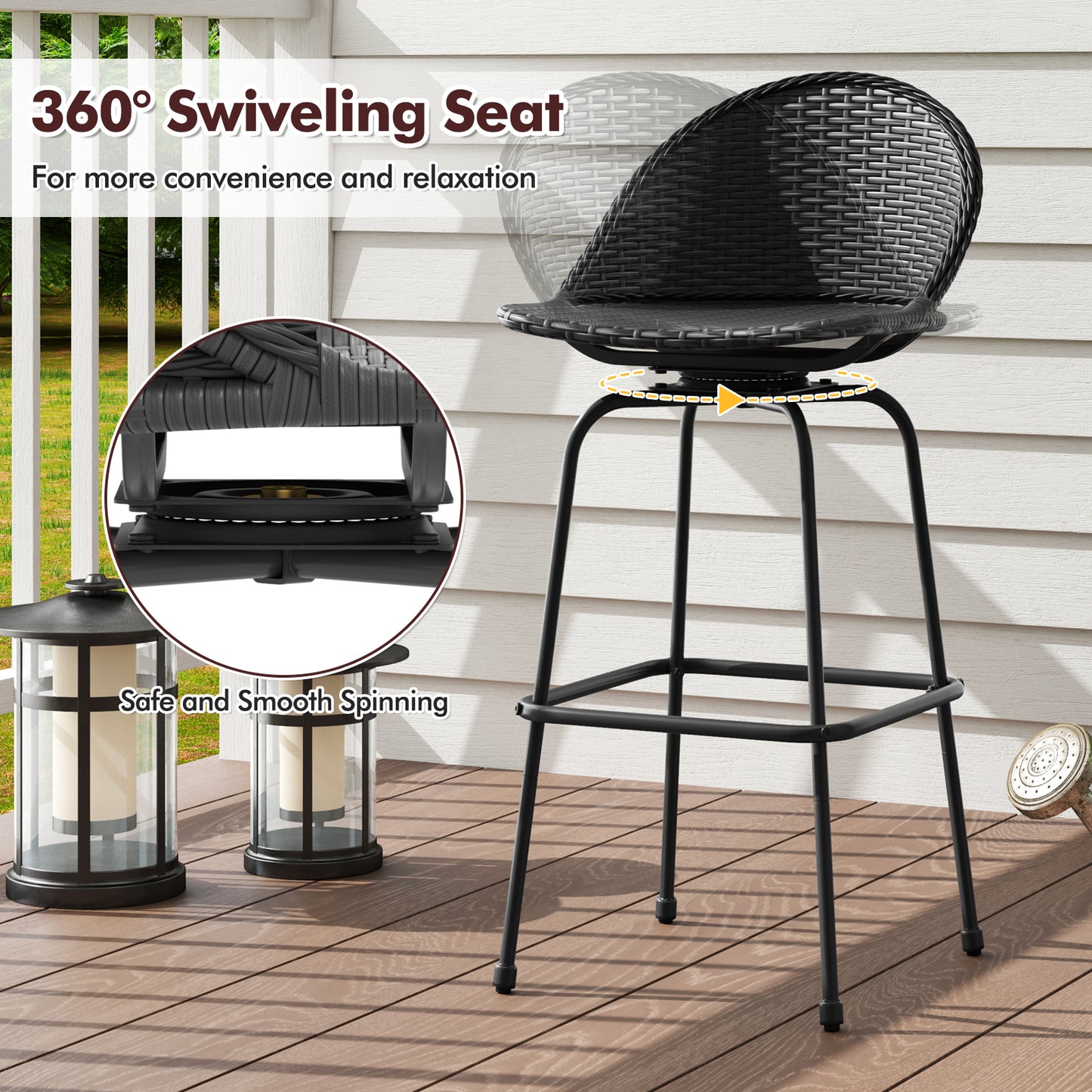Set Of 2 Rattan Swivel Barstools, Curved Back, Black Outdoor Seating & Patio Chairs at Gallery Canada