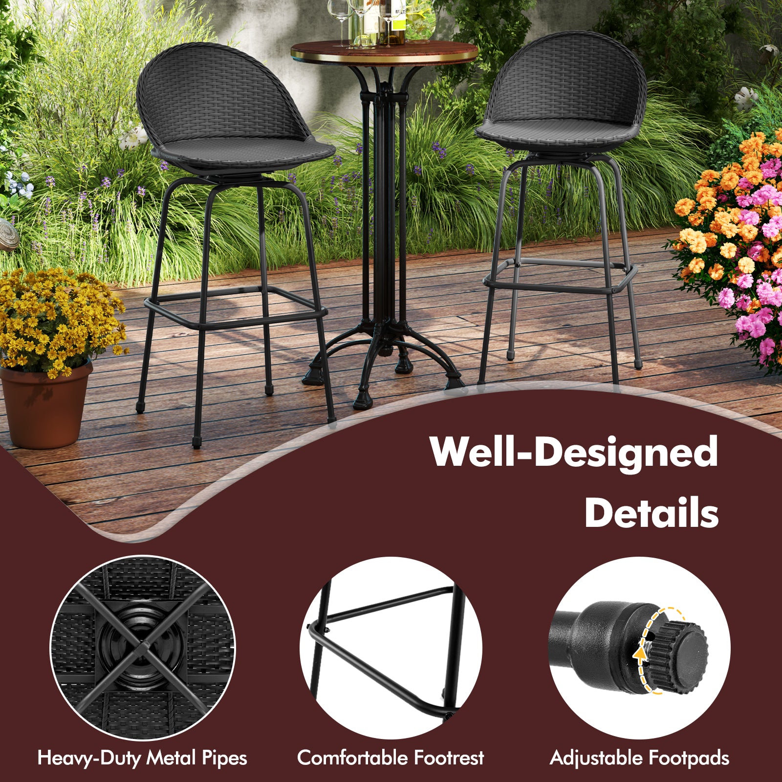 Set Of 2 Rattan Swivel Barstools, Curved Back, Black Outdoor Seating & Patio Chairs at Gallery Canada