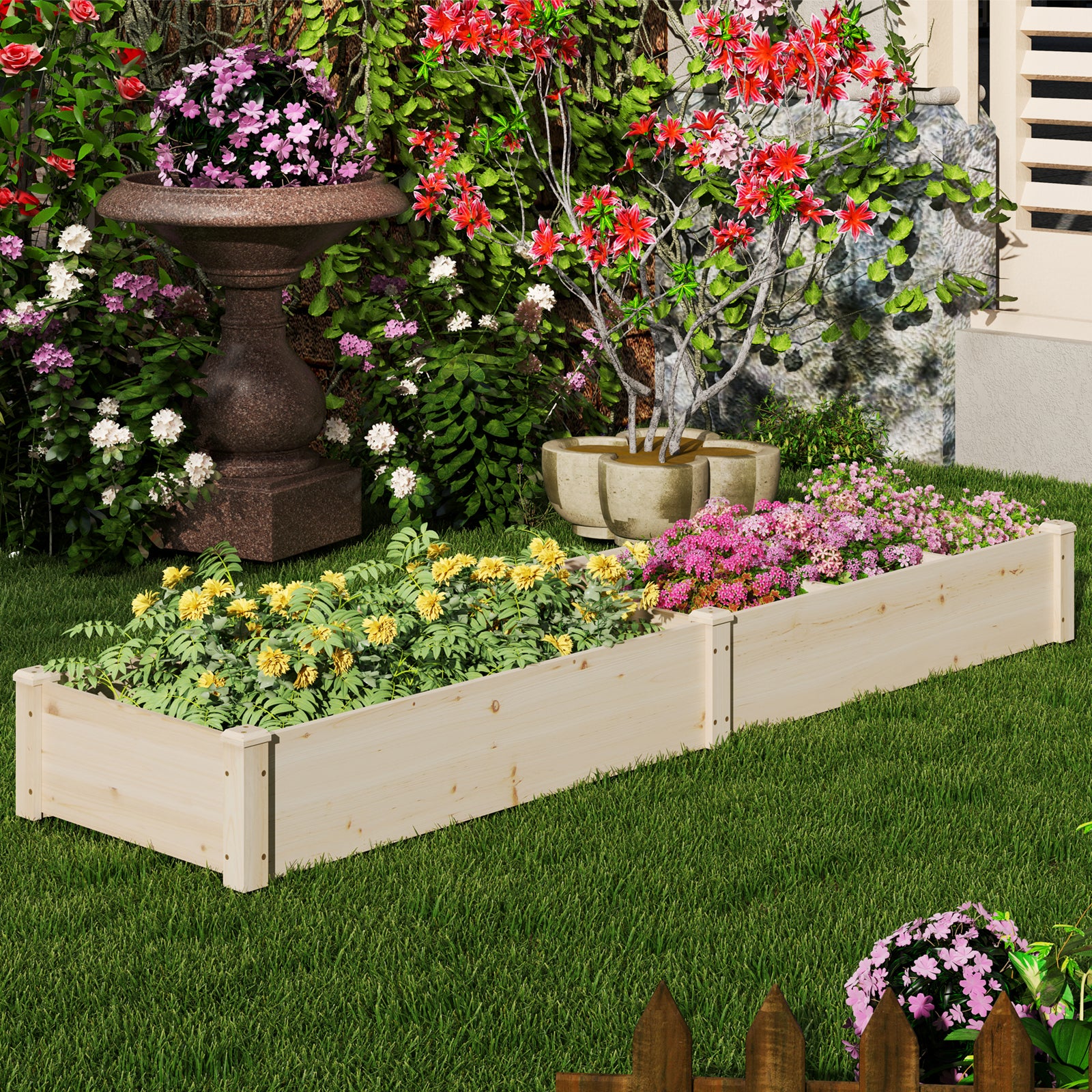 Wooden Raised Open-Ended Base Garden Bed with 2 Planter Boxes Divider, Natural Raised Garden Beds at Gallery Canada