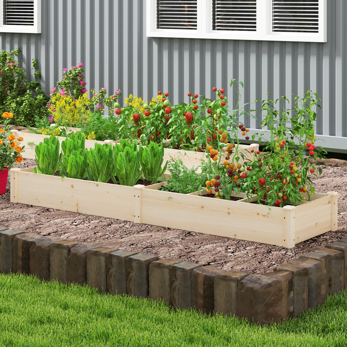 Wooden Raised Open-Ended Base Garden Bed with 2 Planter Boxes Divider, Natural Raised Garden Beds at Gallery Canada