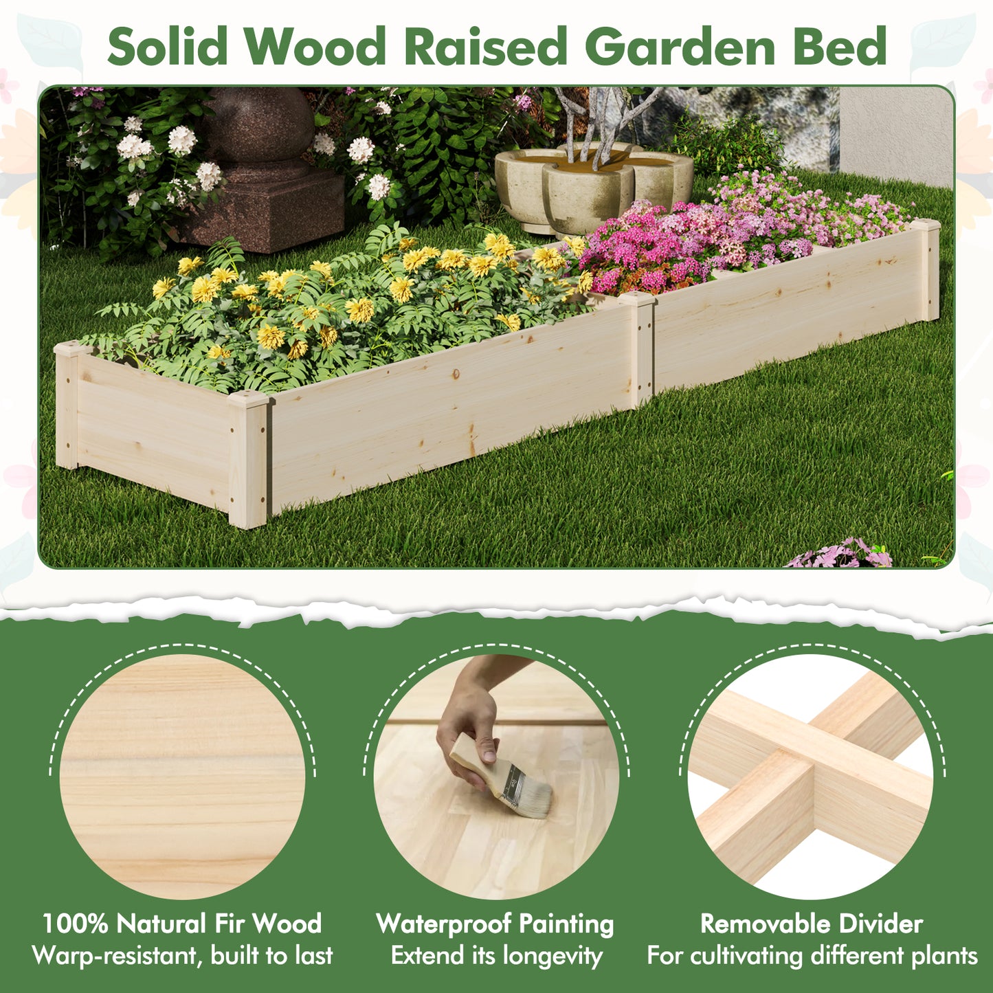 Wooden Raised Open-Ended Base Garden Bed with 2 Planter Boxes Divider, Natural Raised Garden Beds at Gallery Canada