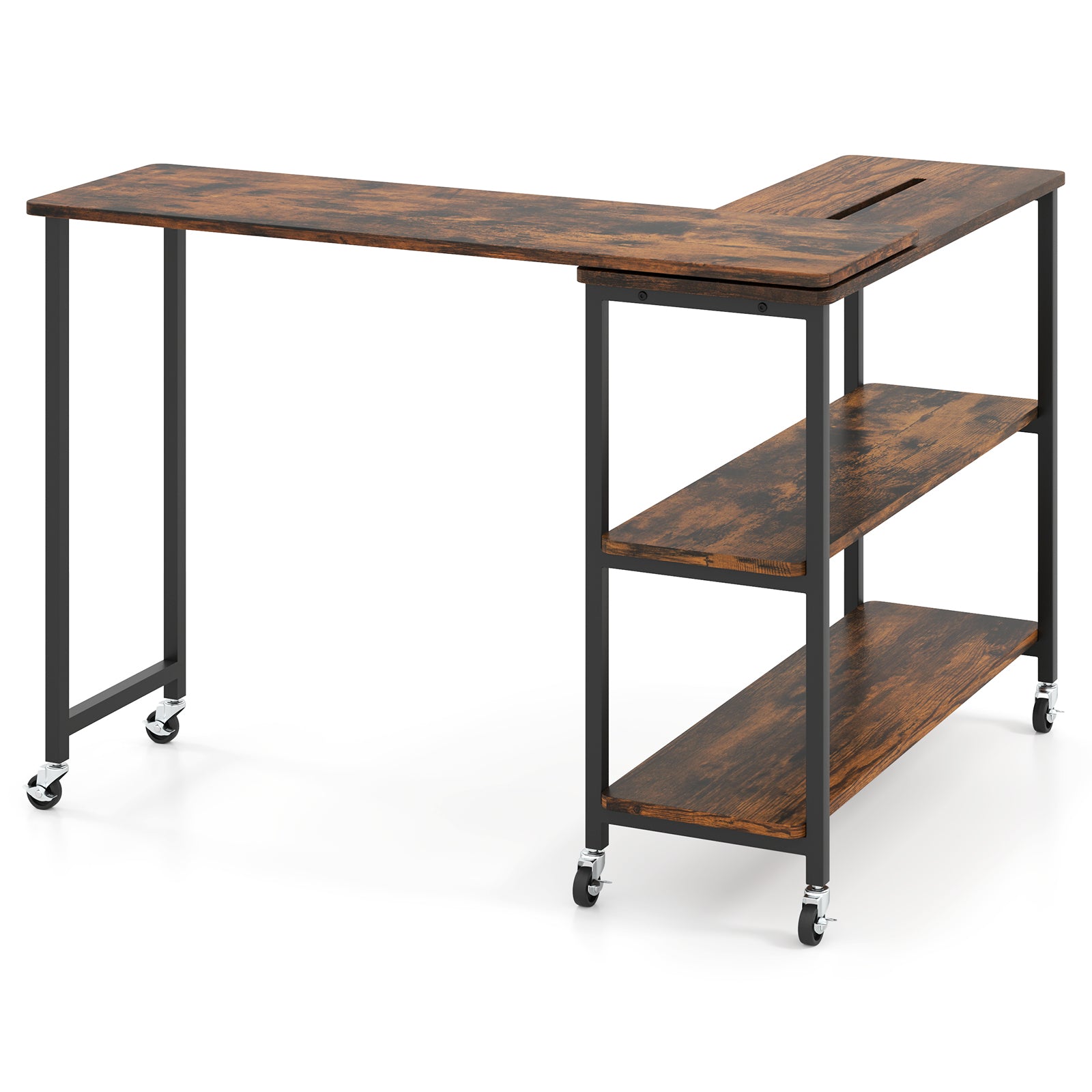 Large 360-Degree Free Rotating Sofa Side Table with Wheels and Storage Shelf, Rustic Brown End & Side Tables Rustic Brown at Gallery Canada