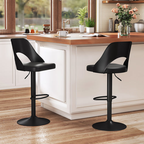 Bar Stools Set of 2 with Enlarged PU Leather Seat and Footrest, Black
