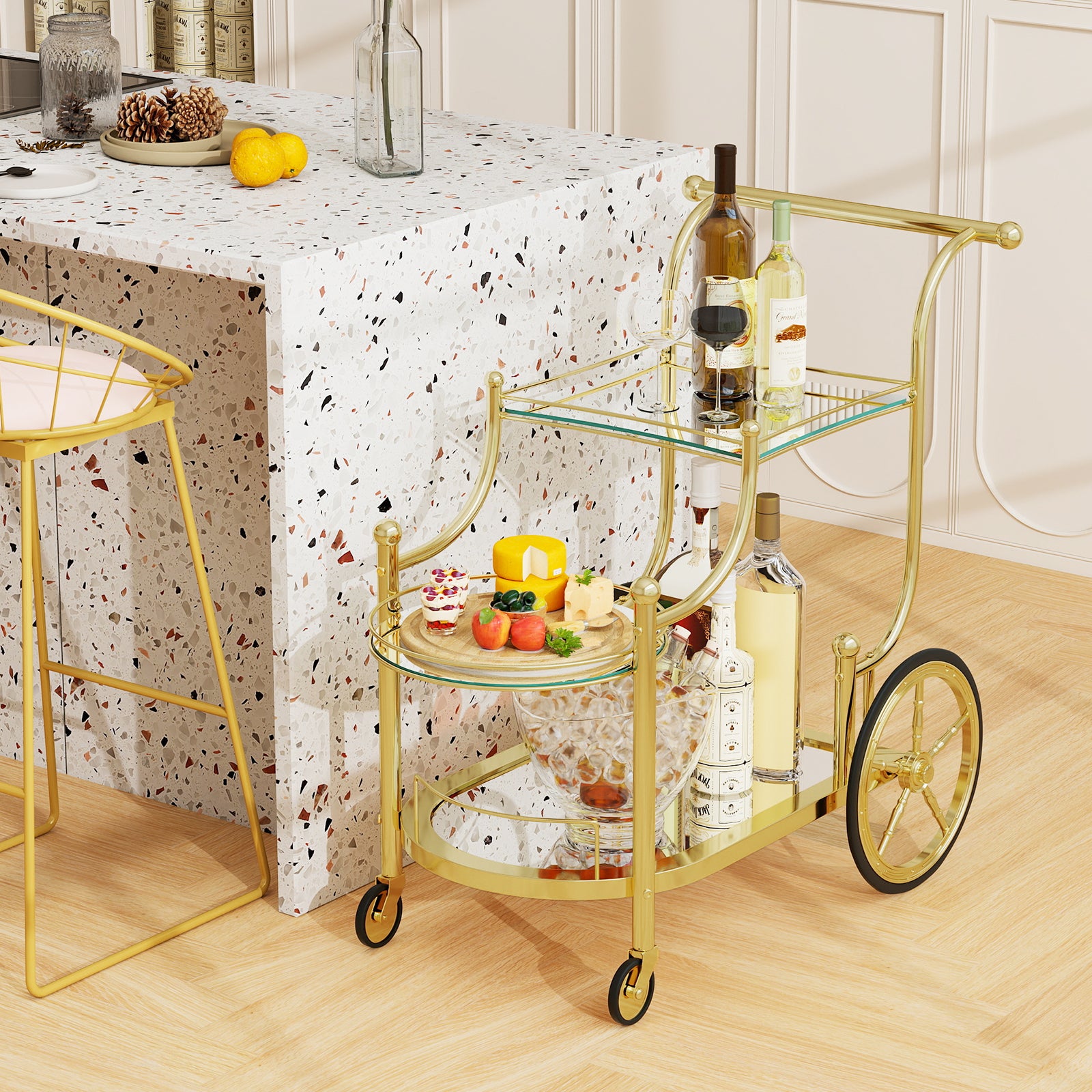 3-Tier Home Bar Serving Cart on Wheels with Mirrored Shelves, Golden Kitchen Islands & Carts at Gallery Canada