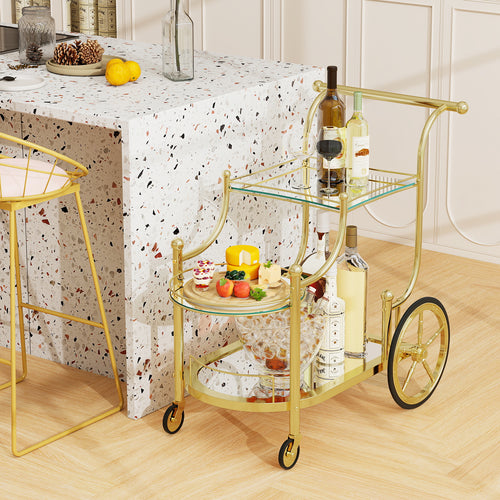 3-Tier Home Bar Serving Cart on Wheels with Mirrored Shelves, Golden