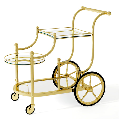 3-Tier Bar Cart With Wheels, Mirrored Shelves, Golden