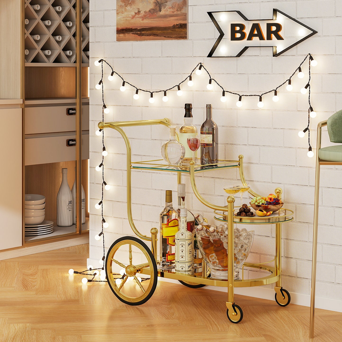3-Tier Home Bar Serving Cart on Wheels with Mirrored Shelves, Golden Kitchen Islands & Carts at Gallery Canada