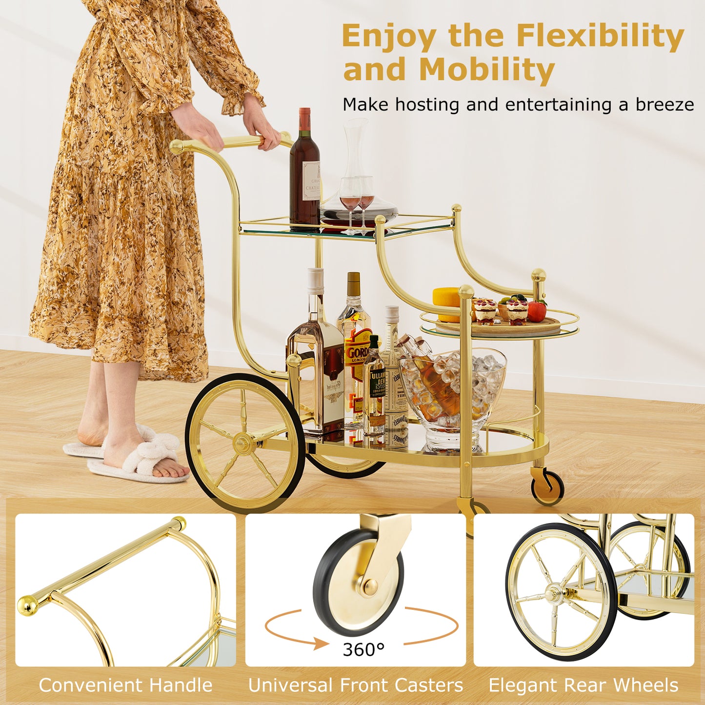 3-Tier Home Bar Serving Cart on Wheels with Mirrored Shelves, Golden Kitchen Islands & Carts at Gallery Canada