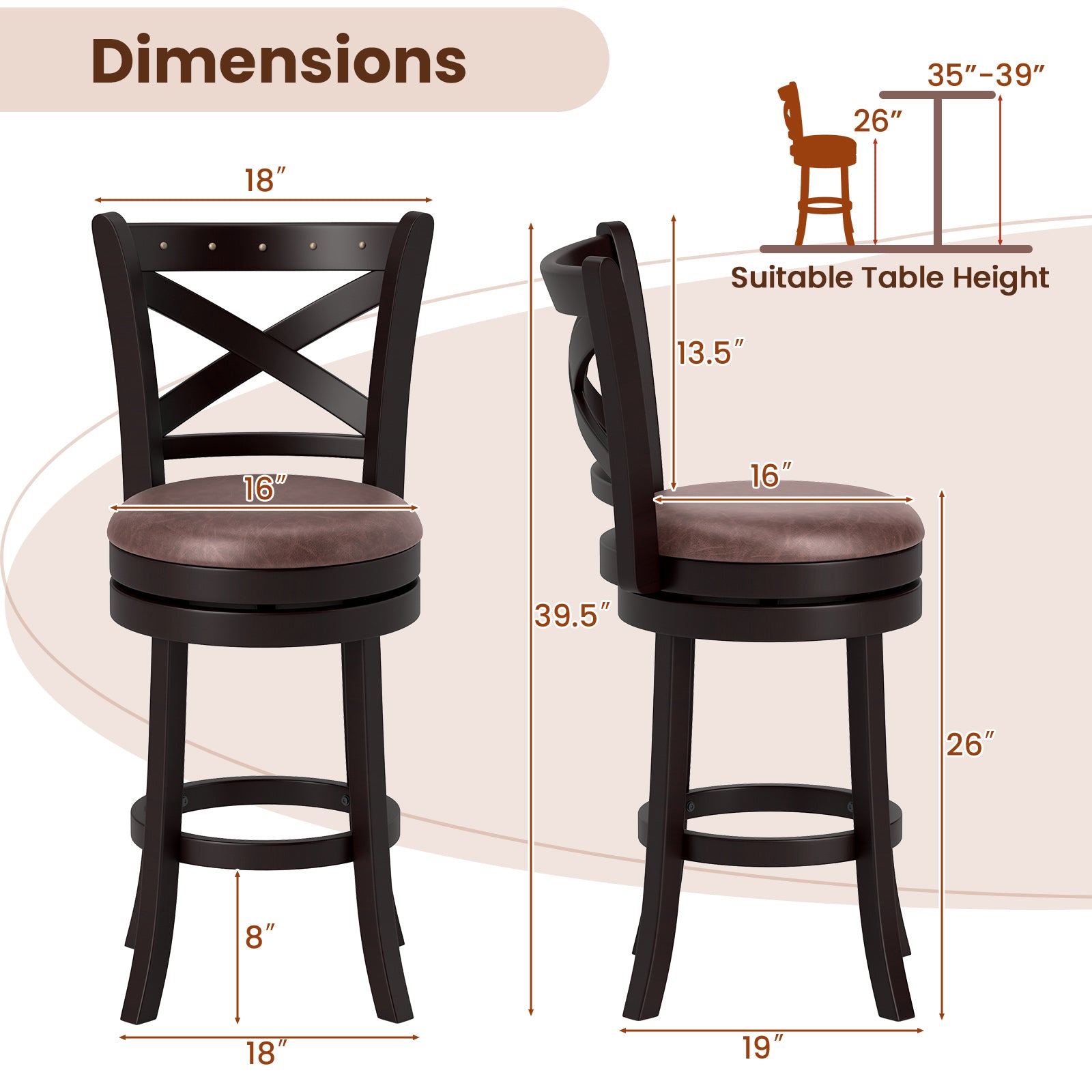 26/30 Inch Swivel Bar Stools Set of 2 Bar Chairs with Padded Seat-26 inches, Coffee Bar Stools at Gallery Canada