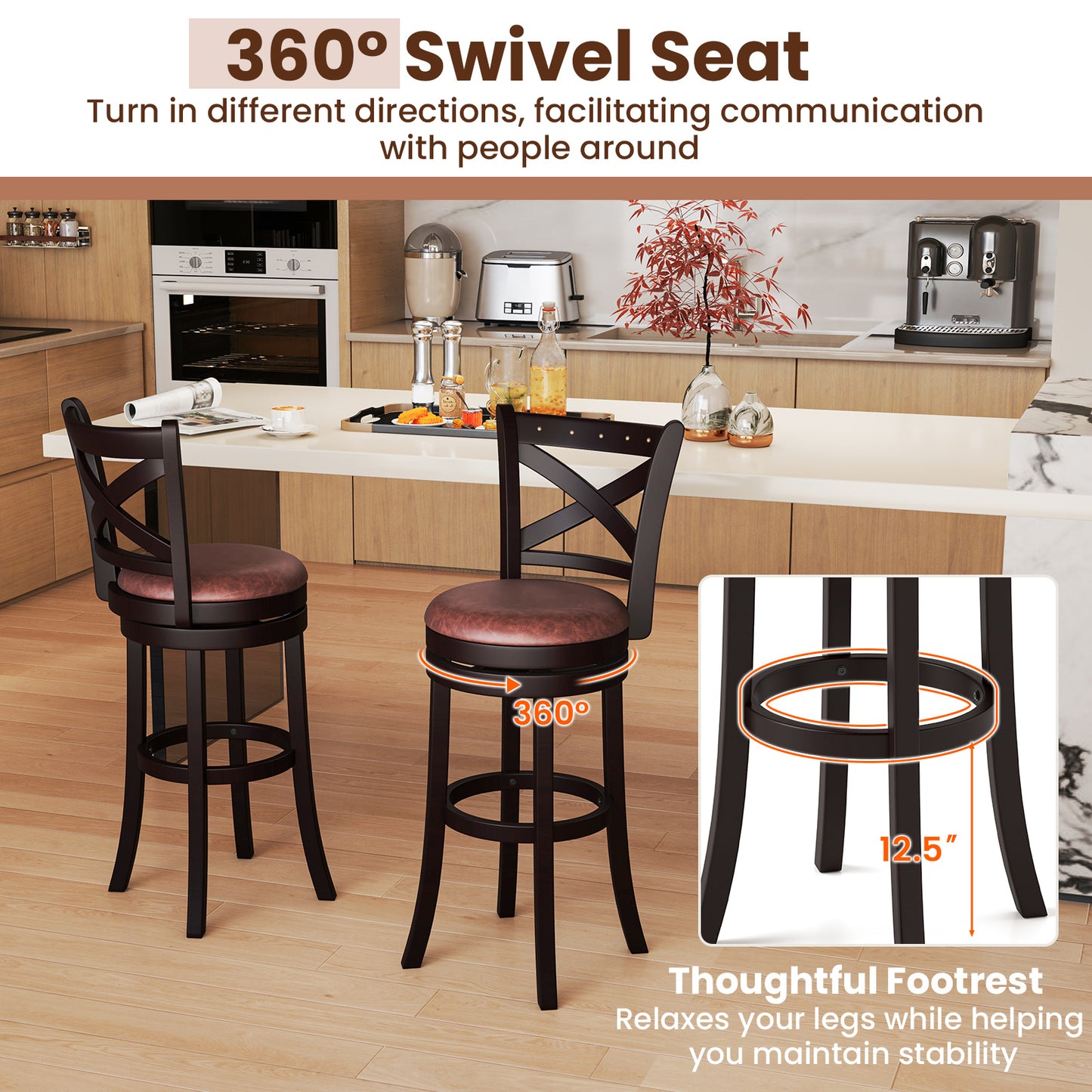 26/30 Inch Swivel Bar Stools Set of 2 Bar Chairs with Padded Seat-30 inches, Coffee Bar Stools at Gallery Canada