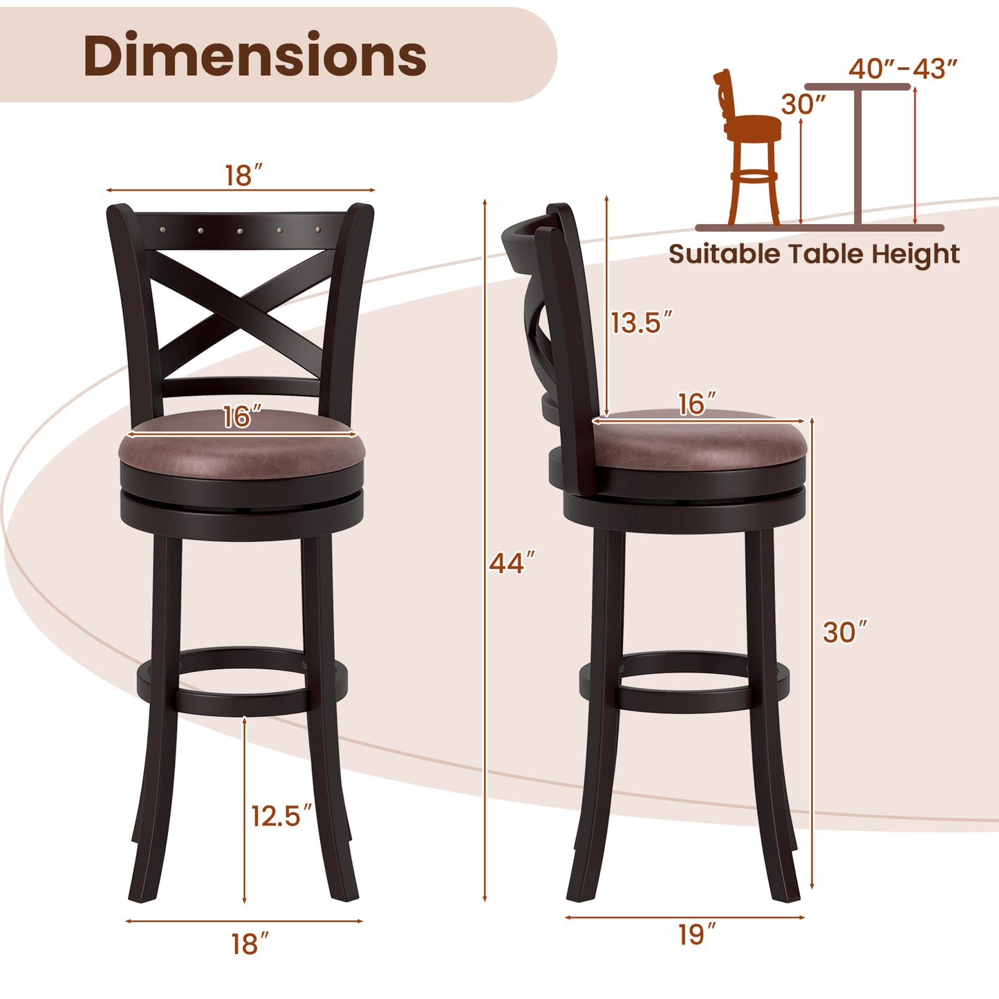 26/30 Inch Swivel Bar Stools Set of 2 Bar Chairs with Padded Seat-30 inches, Coffee Bar Stools at Gallery Canada