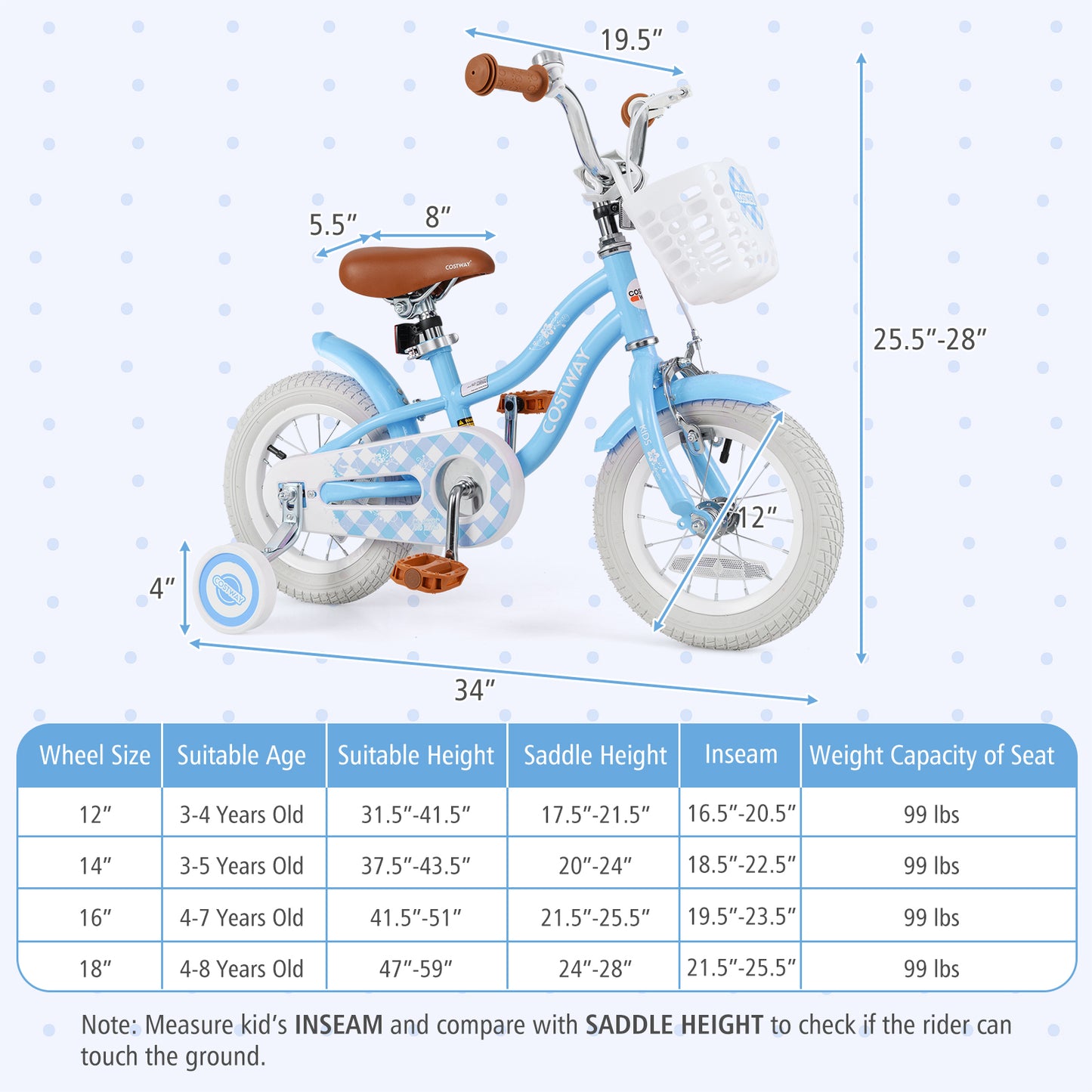 12 Inch Kids Bike with Adjustable Handlebar and Seat for 3-4 Year Old, Light Blue Kids Bike at Gallery Canada