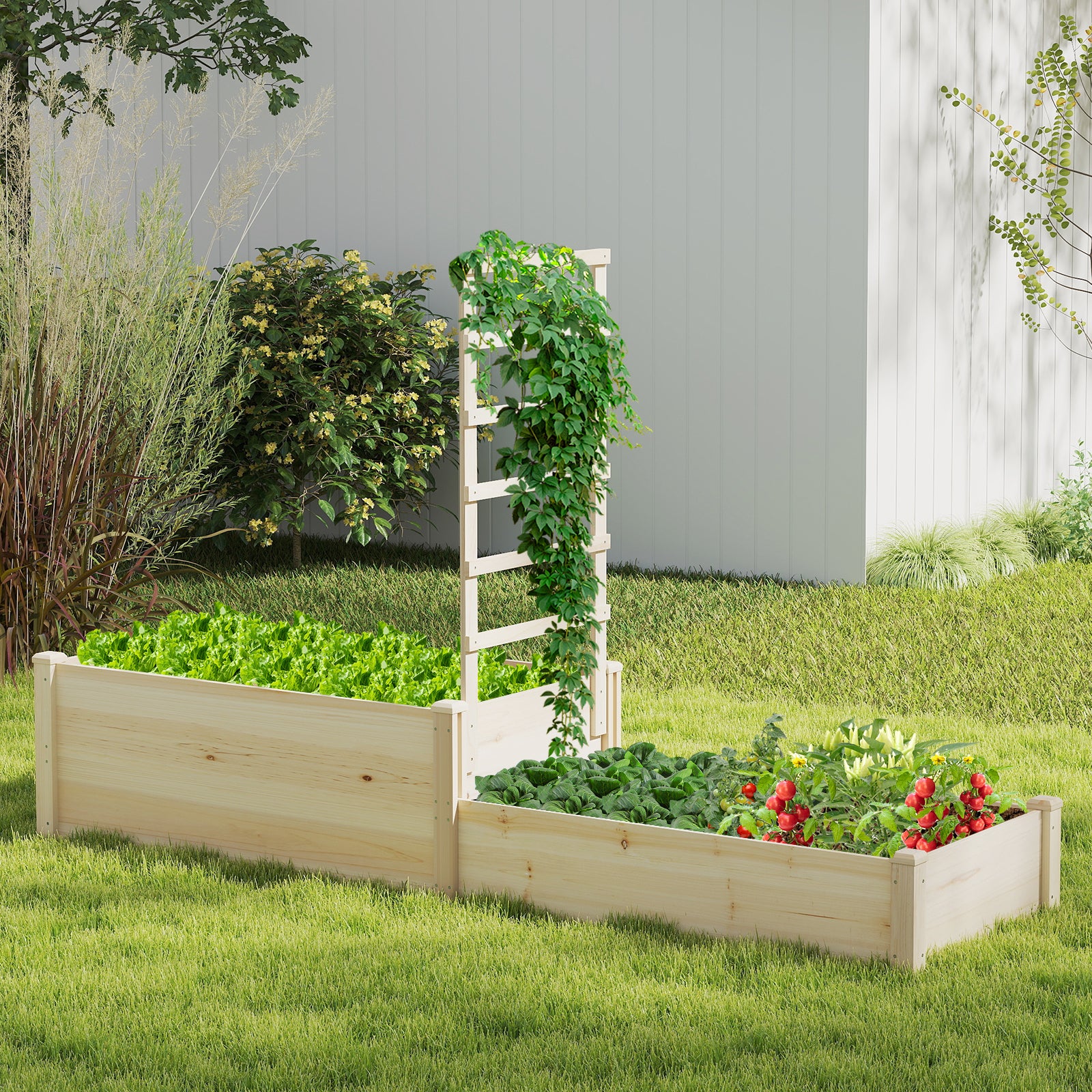 Raised Garden Bed with Trellis 87 Inch Wooden Elevated Planter with 2 Planter Boxes, Natural Raised Garden Beds at Gallery Canada