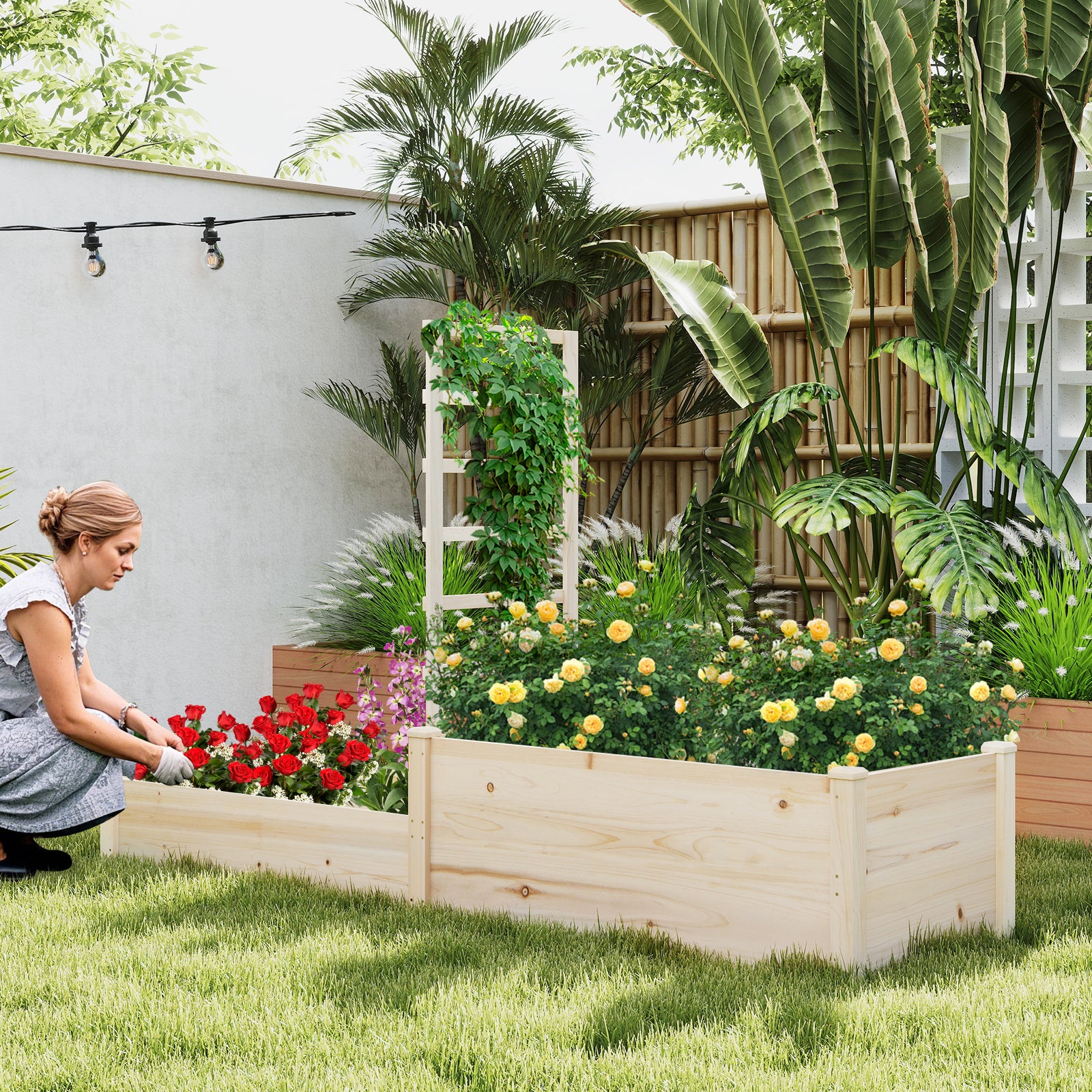 Raised Garden Bed with Trellis 87 Inch Wooden Elevated Planter with 2 Planter Boxes, Natural Raised Garden Beds at Gallery Canada