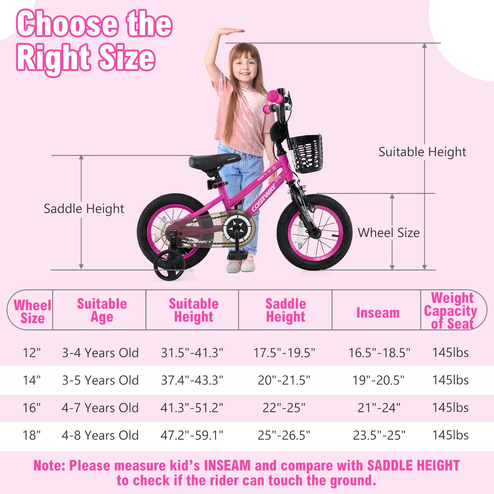 12 Inch Kids Bike Adjustable Bicycle with Front Basket for Children Aged 3-4 Years Old, Pink Kids Bike at Gallery Canada