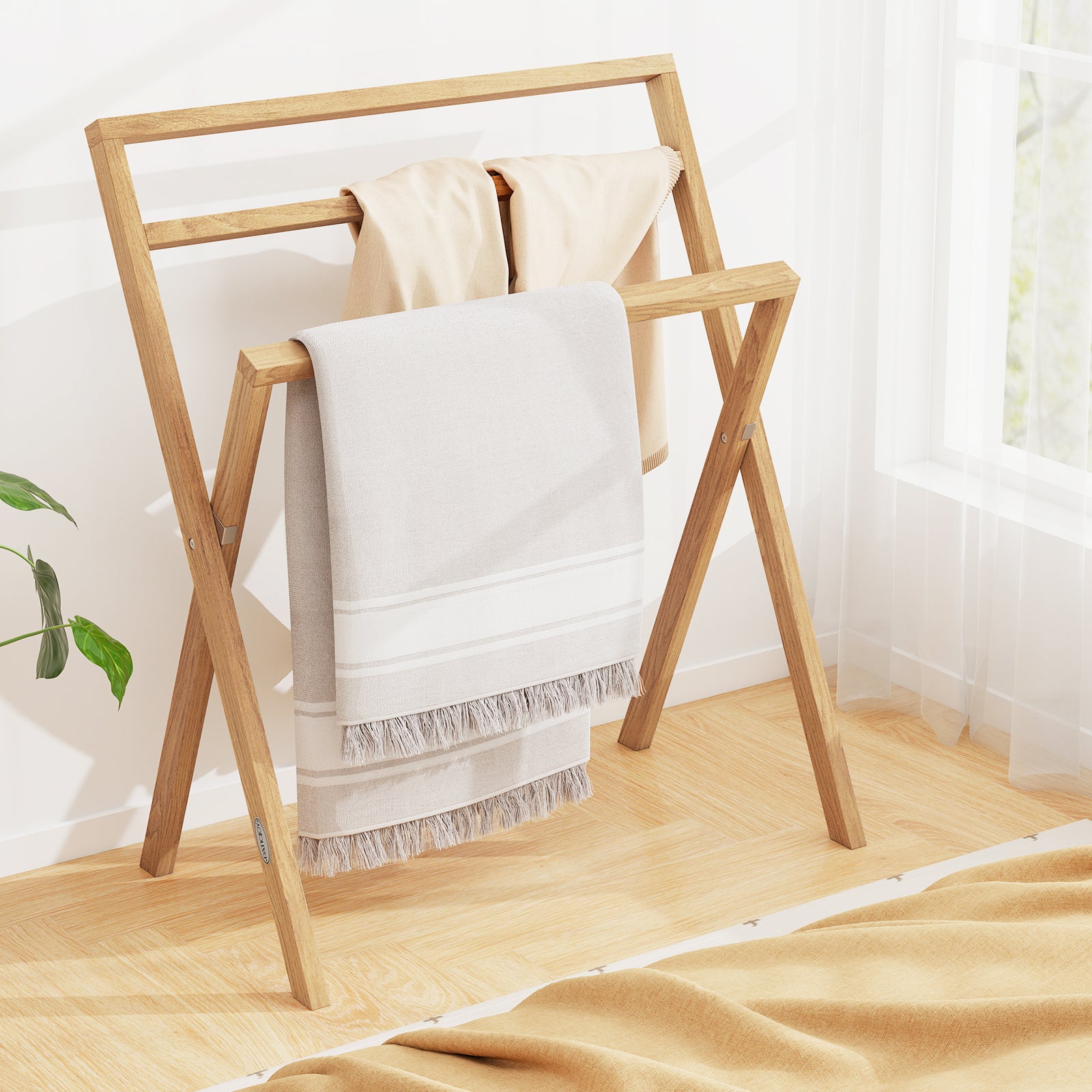 Freestanding Foldable Teak Wood Towel Rack, 3 Hanging Crossbars, Natural Towel Racks at Gallery Canada