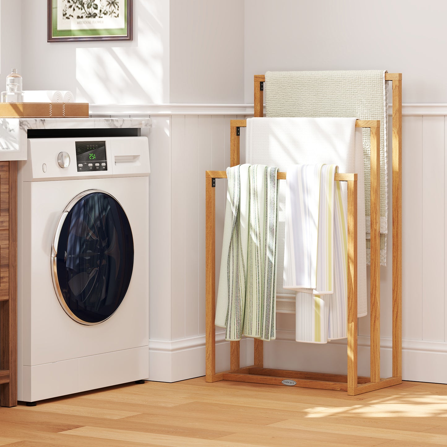 3-Tier Teak Wood Towel Rack, 3 Hanging Crossbars, Natural Towel Racks at Gallery Canada