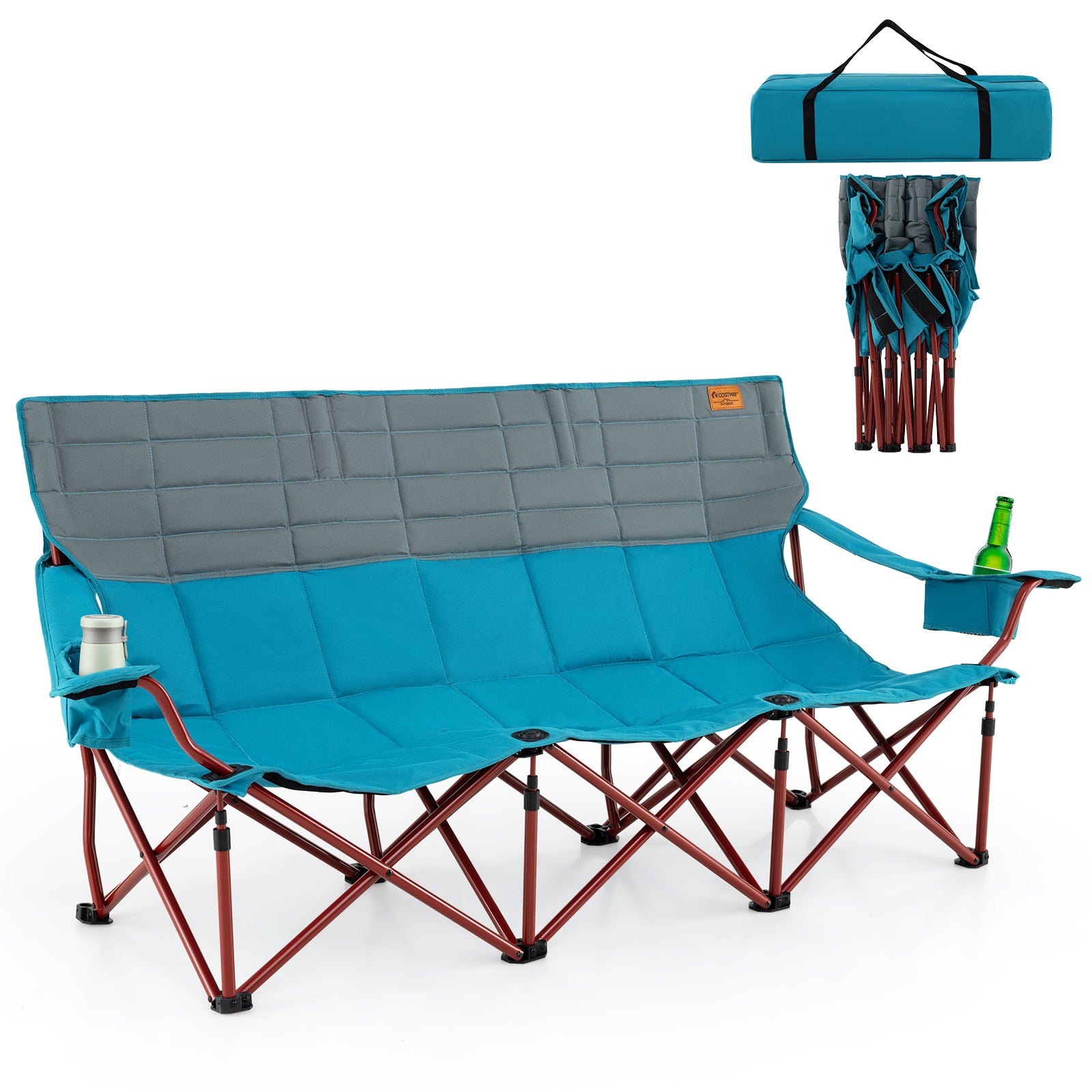 3 Person Folding Camping Chair, 2 Cup Holders, Cotton Padding, Storage Bag, Blue Camping Furniture at Gallery Canada