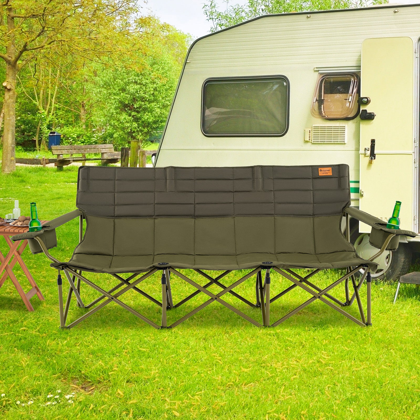 3 Person Folding Camping Chair with 2 Cup Holders Cotton Padding & Storage Bag, Green Camping Furniture at Gallery Canada