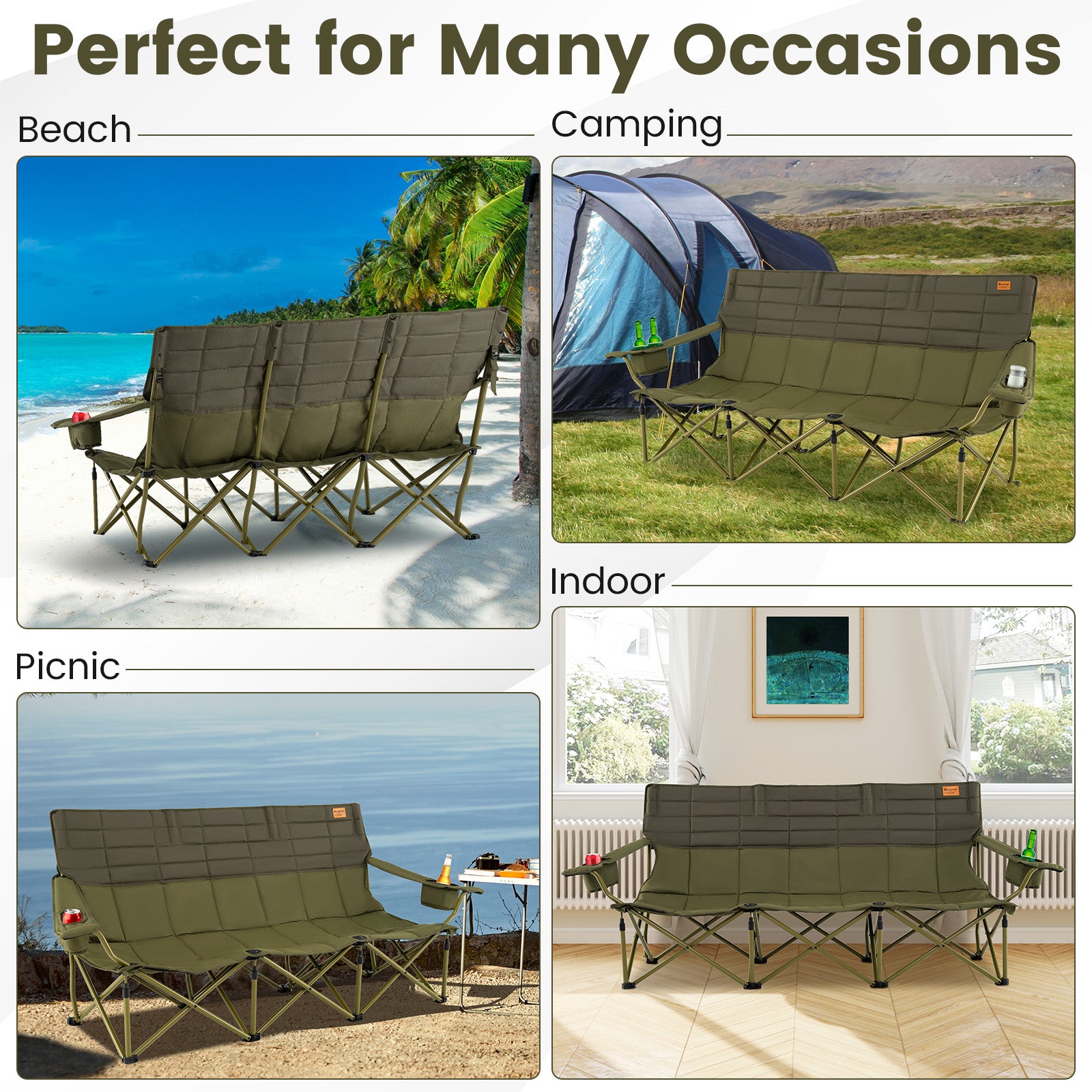 3 Person Folding Camping Chair with 2 Cup Holders Cotton Padding & Storage Bag, Green Camping Furniture at Gallery Canada