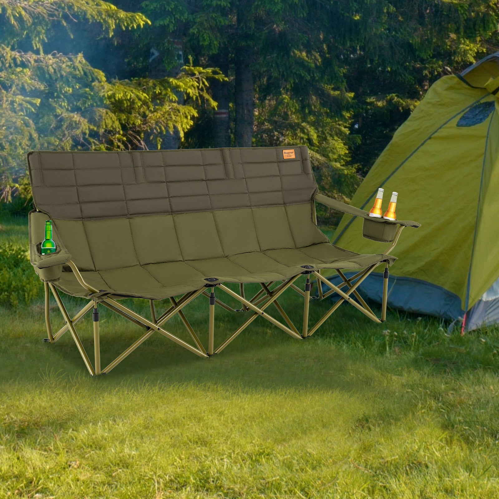 3 Person Folding Camping Chair with 2 Cup Holders Cotton Padding & Storage Bag, Green Camping Furniture at Gallery Canada