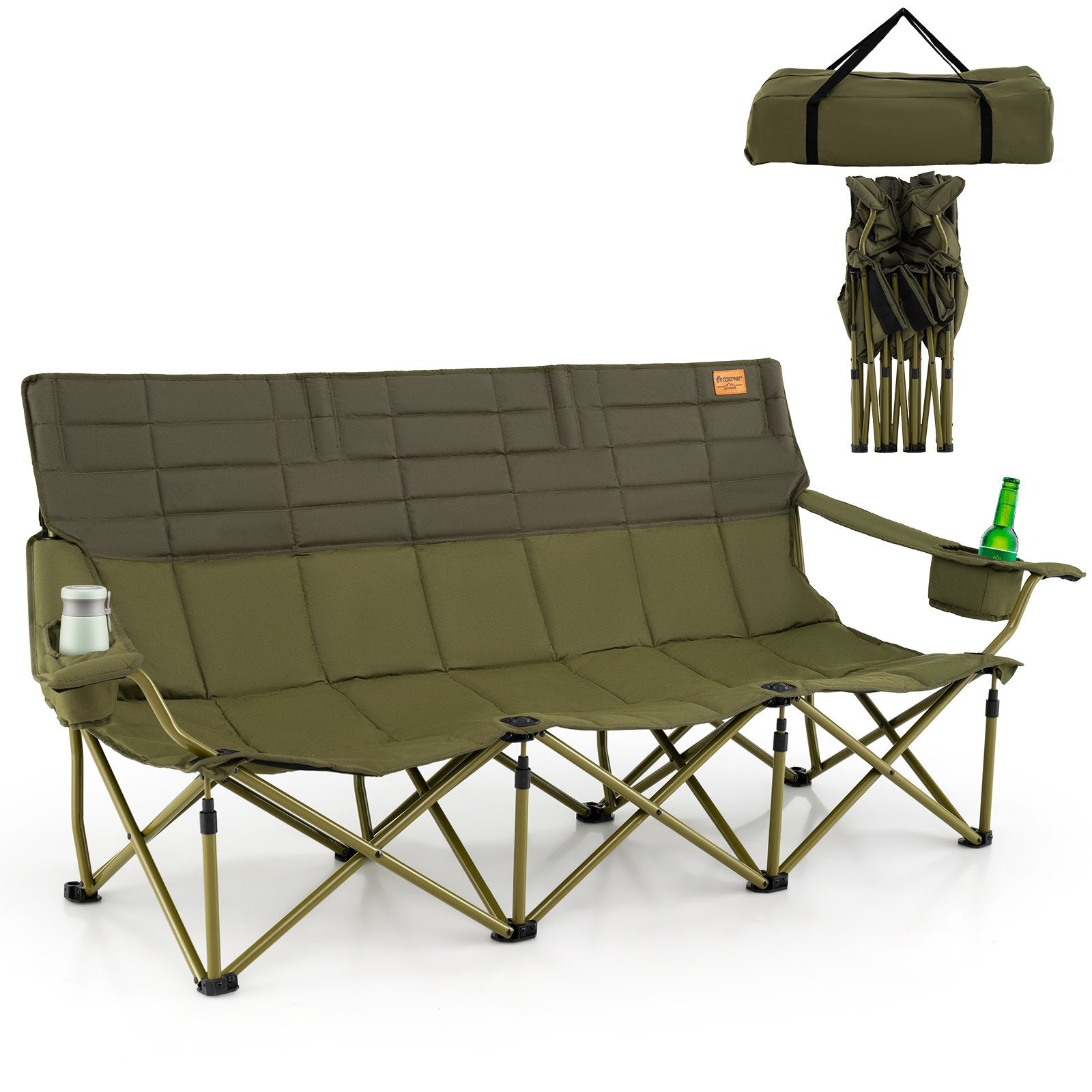 3 Person Folding Camping Chair with 2 Cup Holders Cotton Padding & Storage Bag, Green Camping Furniture at Gallery Canada