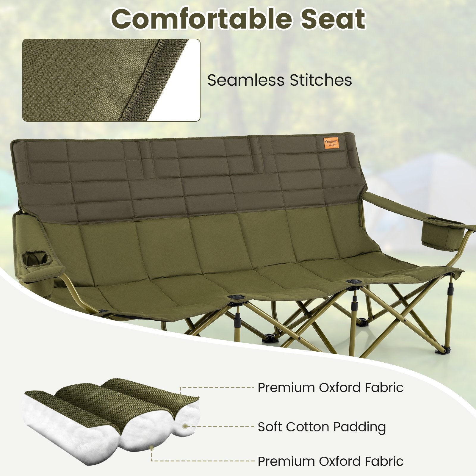 3 Person Folding Camping Chair with 2 Cup Holders Cotton Padding & Storage Bag, Green Camping Furniture at Gallery Canada