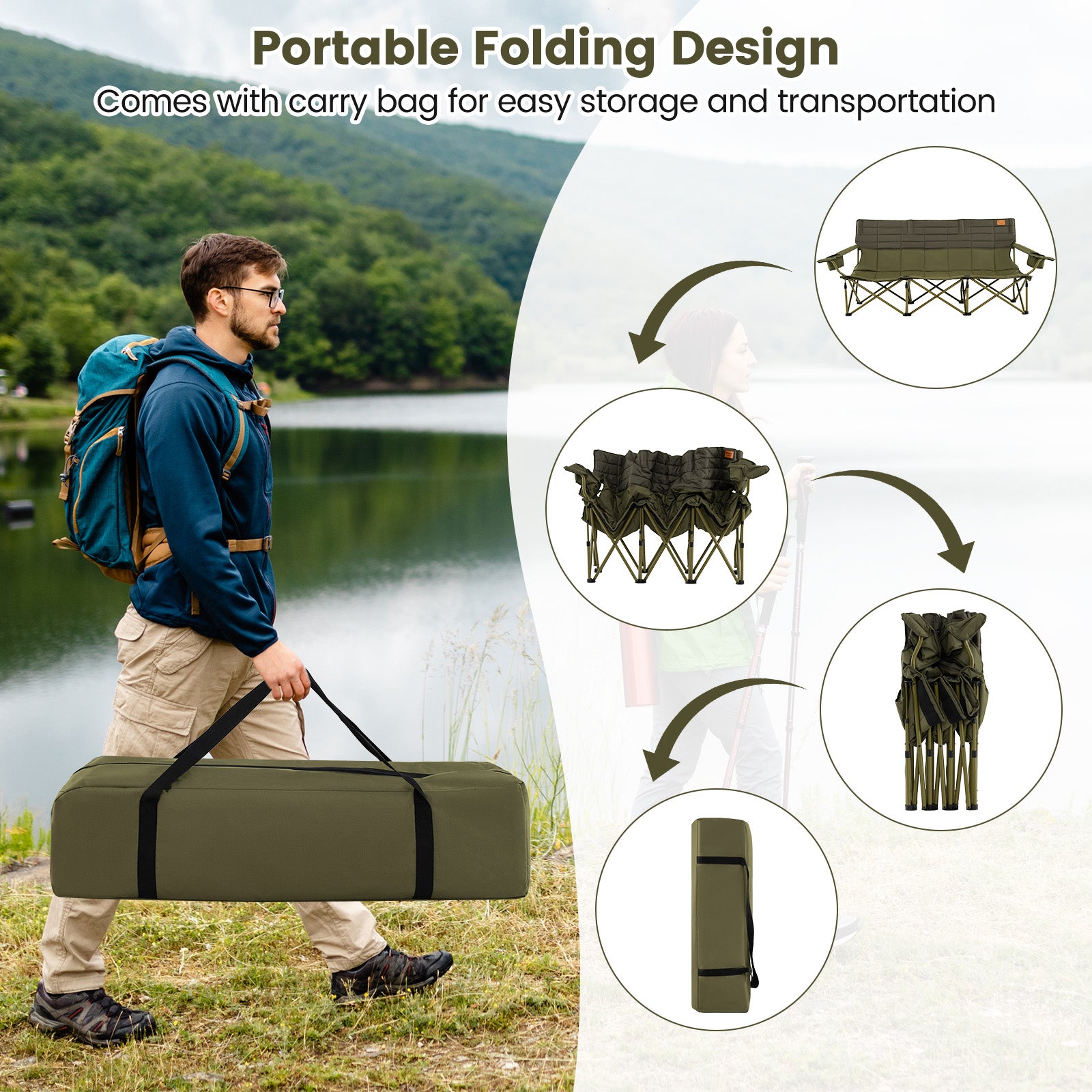 3 Person Folding Camping Chair with 2 Cup Holders Cotton Padding & Storage Bag, Green Camping Furniture at Gallery Canada