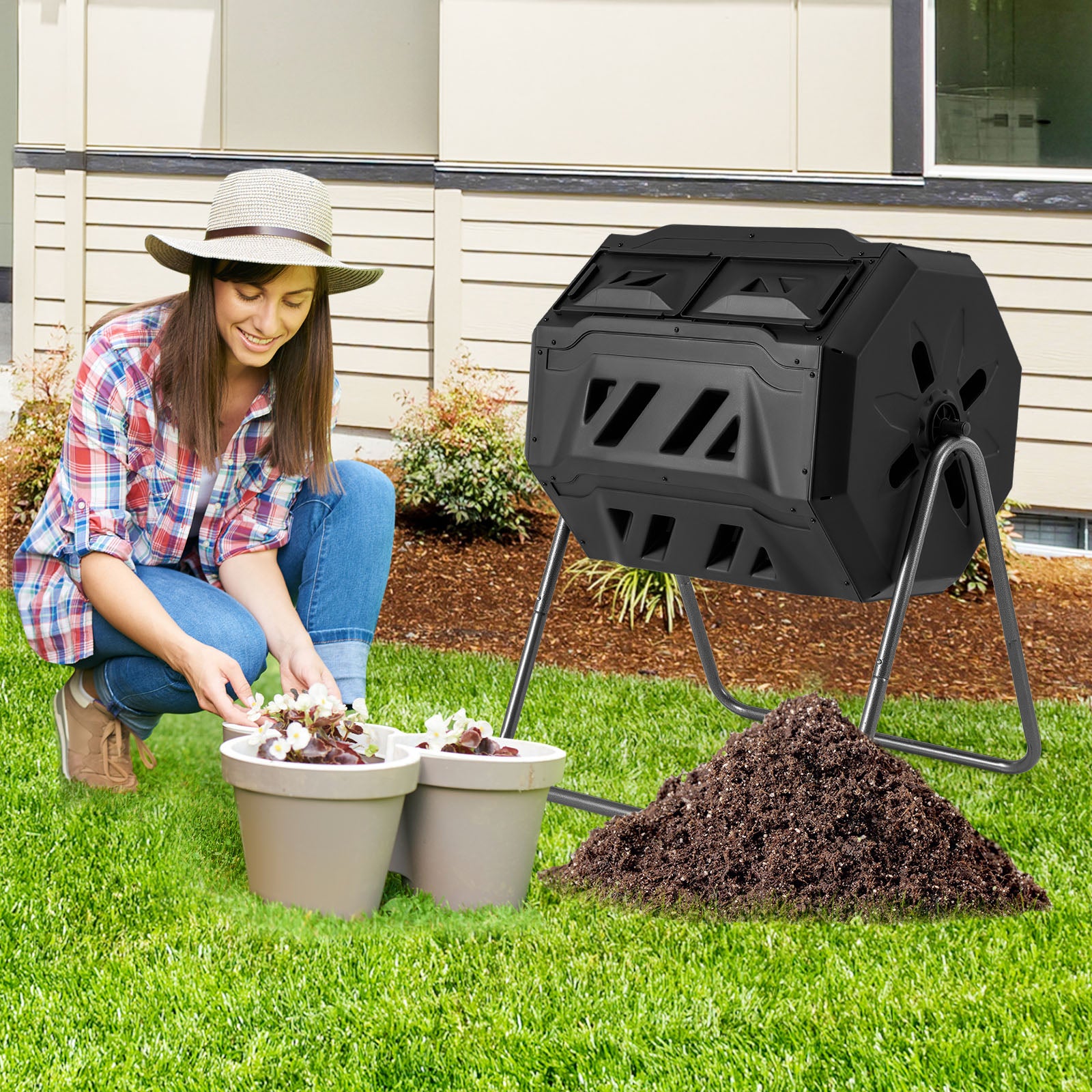 360° Rotatable Tumbling Composter with 2 Sliding Doors, Black Garden Tools at Gallery Canada