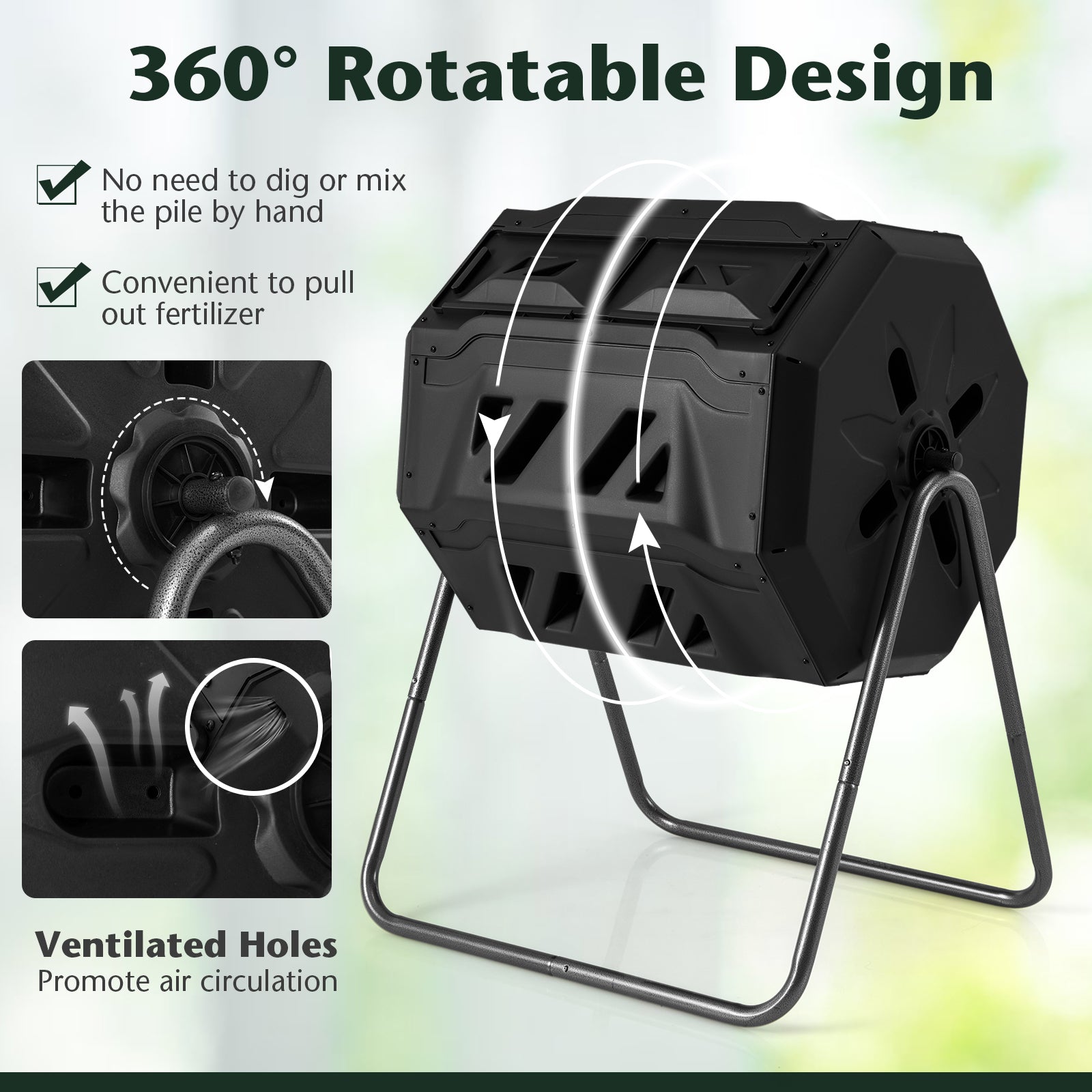 360° Rotatable Tumbling Composter with 2 Sliding Doors, Black Garden Tools at Gallery Canada