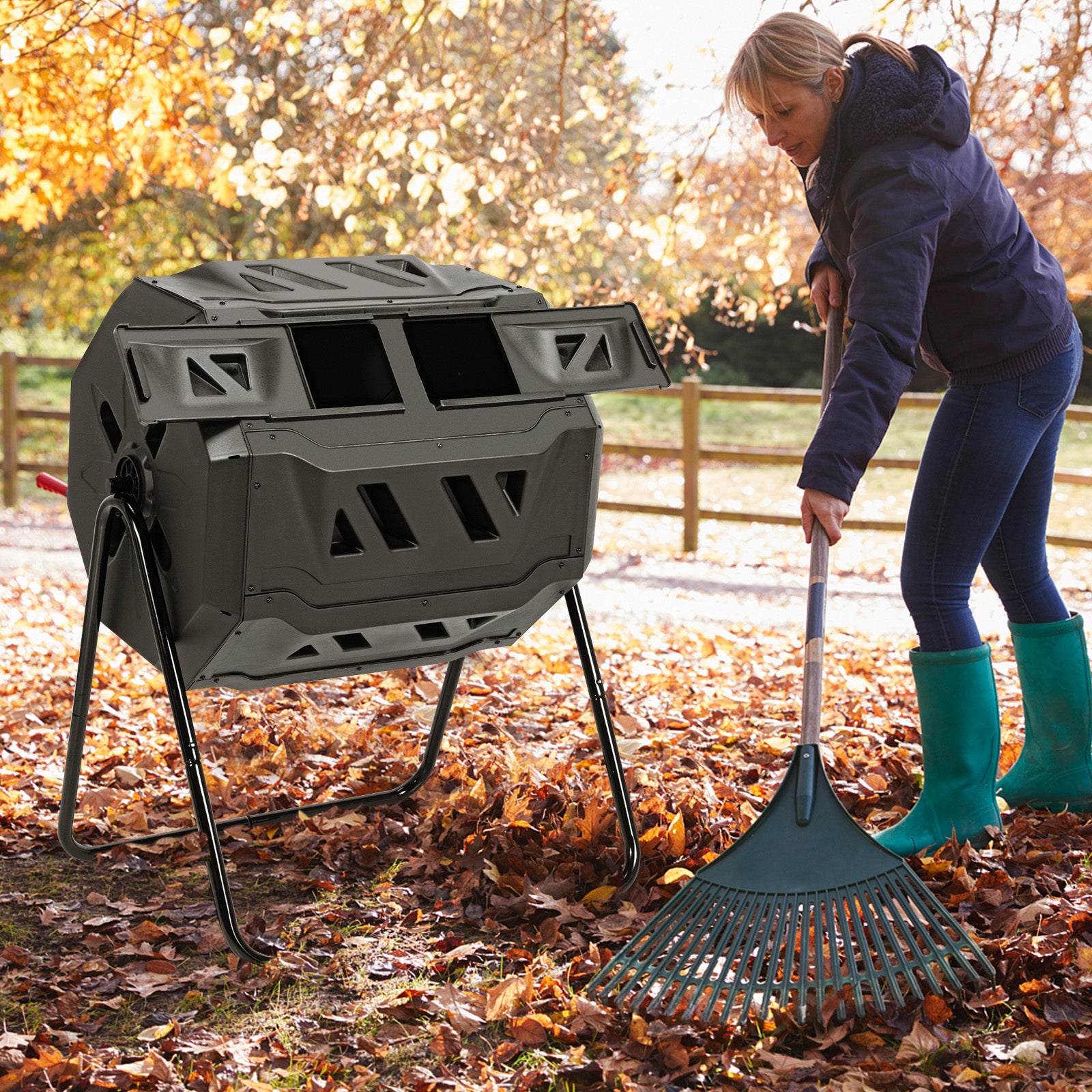 43 Gallon Composting Tumbler Compost Bin with Dual Rotating Chamber, Black Garden Tools at Gallery Canada