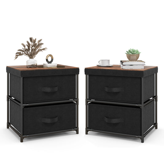 2-Drawer Nightstand With Removable Fabric Bins, Set of 2, Black