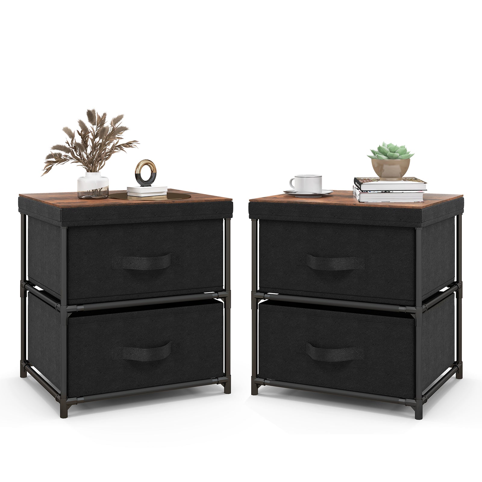 2-Drawer Nightstand with Removable Fabric Bins and Pull Handles Set of 2, Black Nightstands Black at Gallery Canada