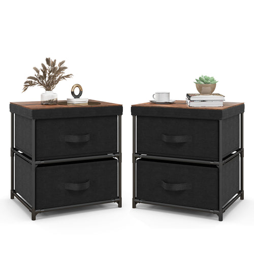 2-Drawer Nightstand with Removable Fabric Bins and Pull Handles Set of 2, Black