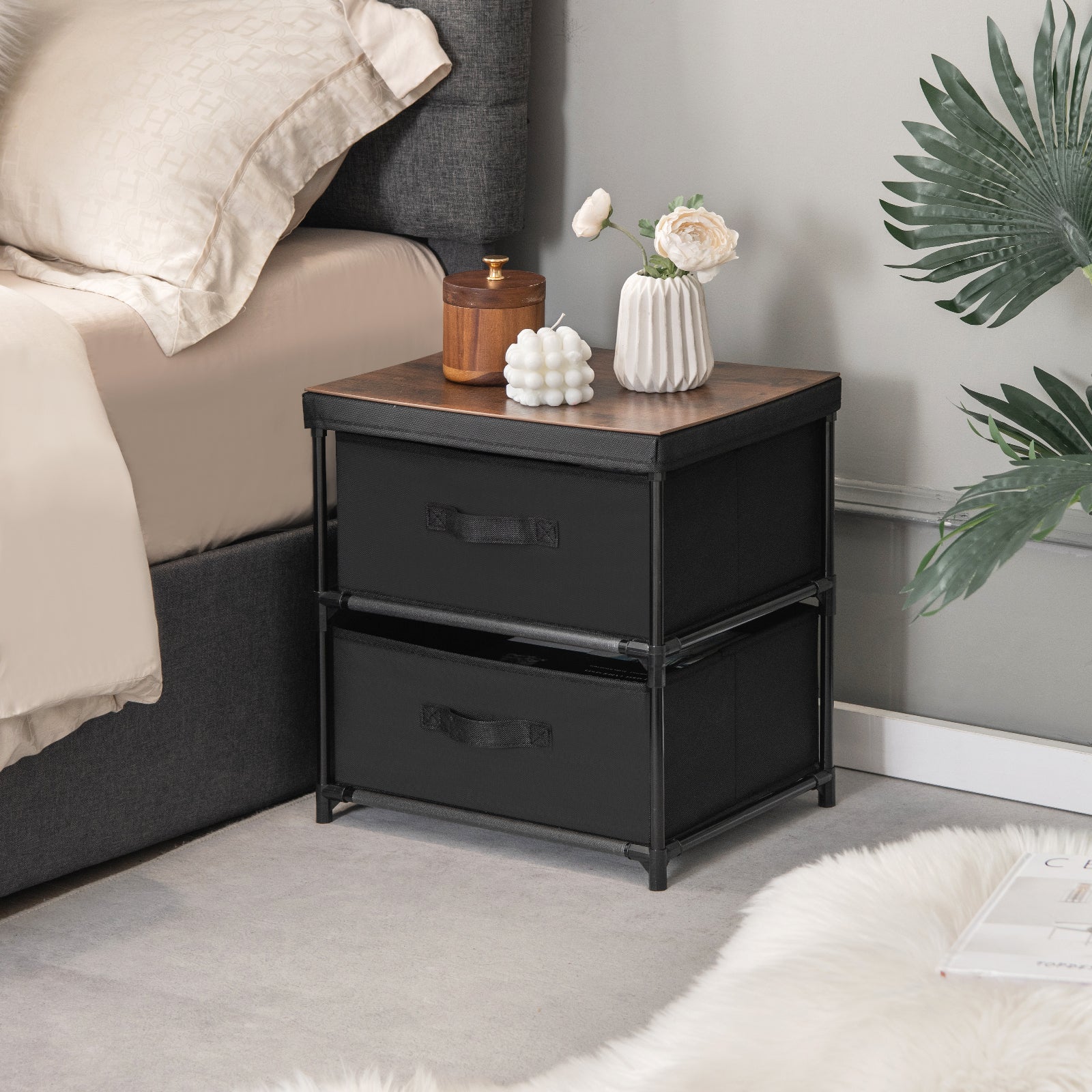 2-Drawer Nightstand with Removable Fabric Bins and Pull Handles Set of 2, Black Nightstands at Gallery Canada