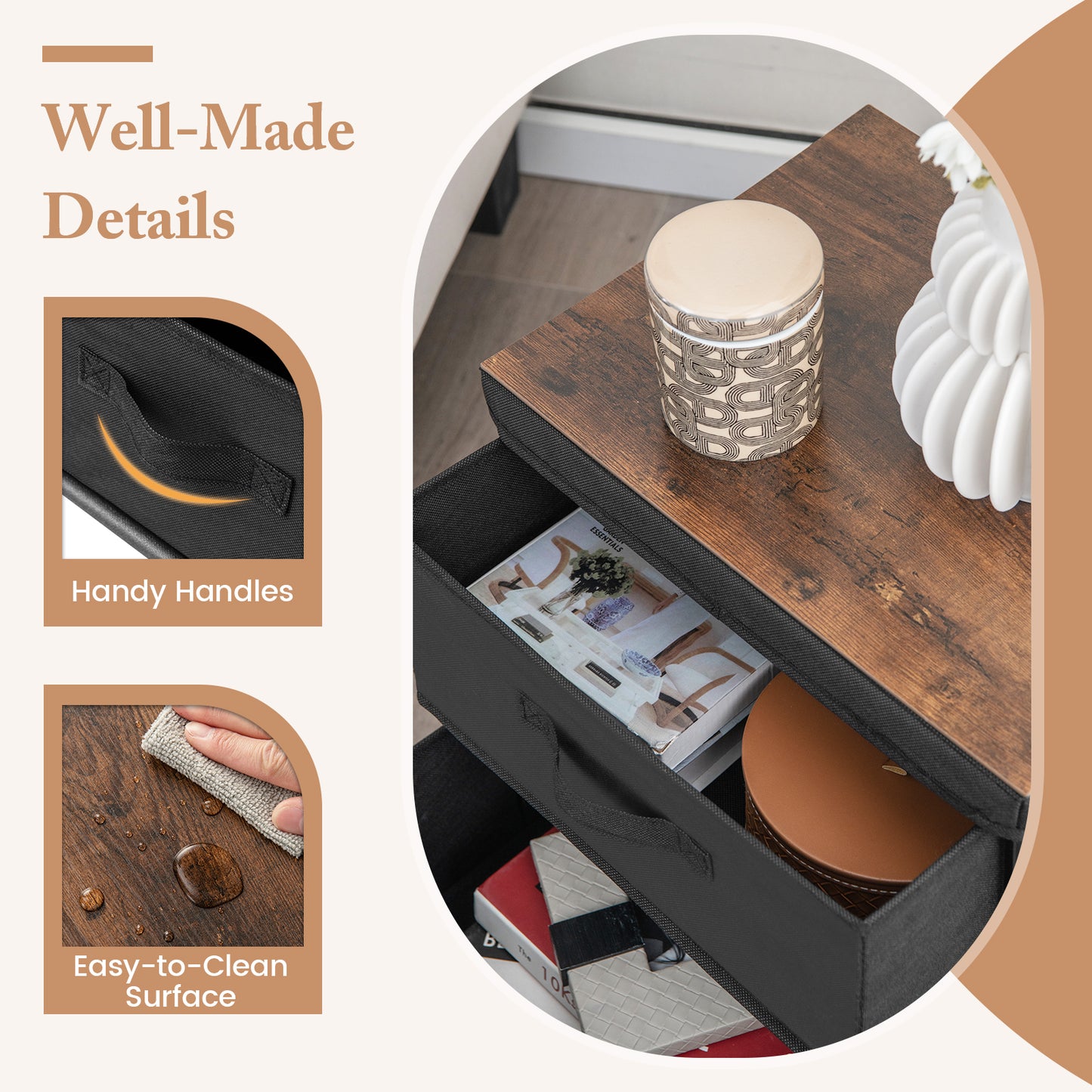 2-Drawer Nightstand with Removable Fabric Bins and Pull Handles Set of 2, Black Nightstands at Gallery Canada